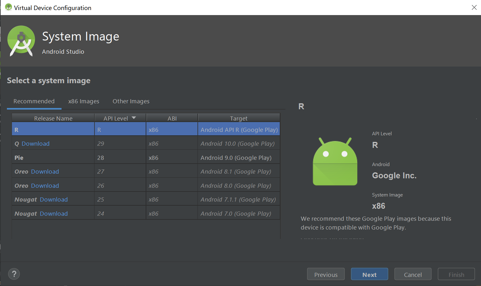 Android 11 - 6 - Create virtual device - select system image