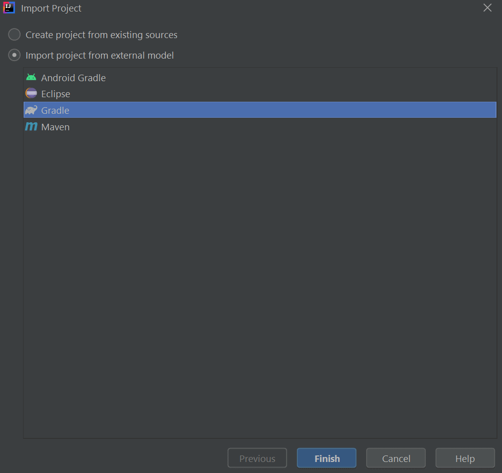 Choose Gradle, and click Finish