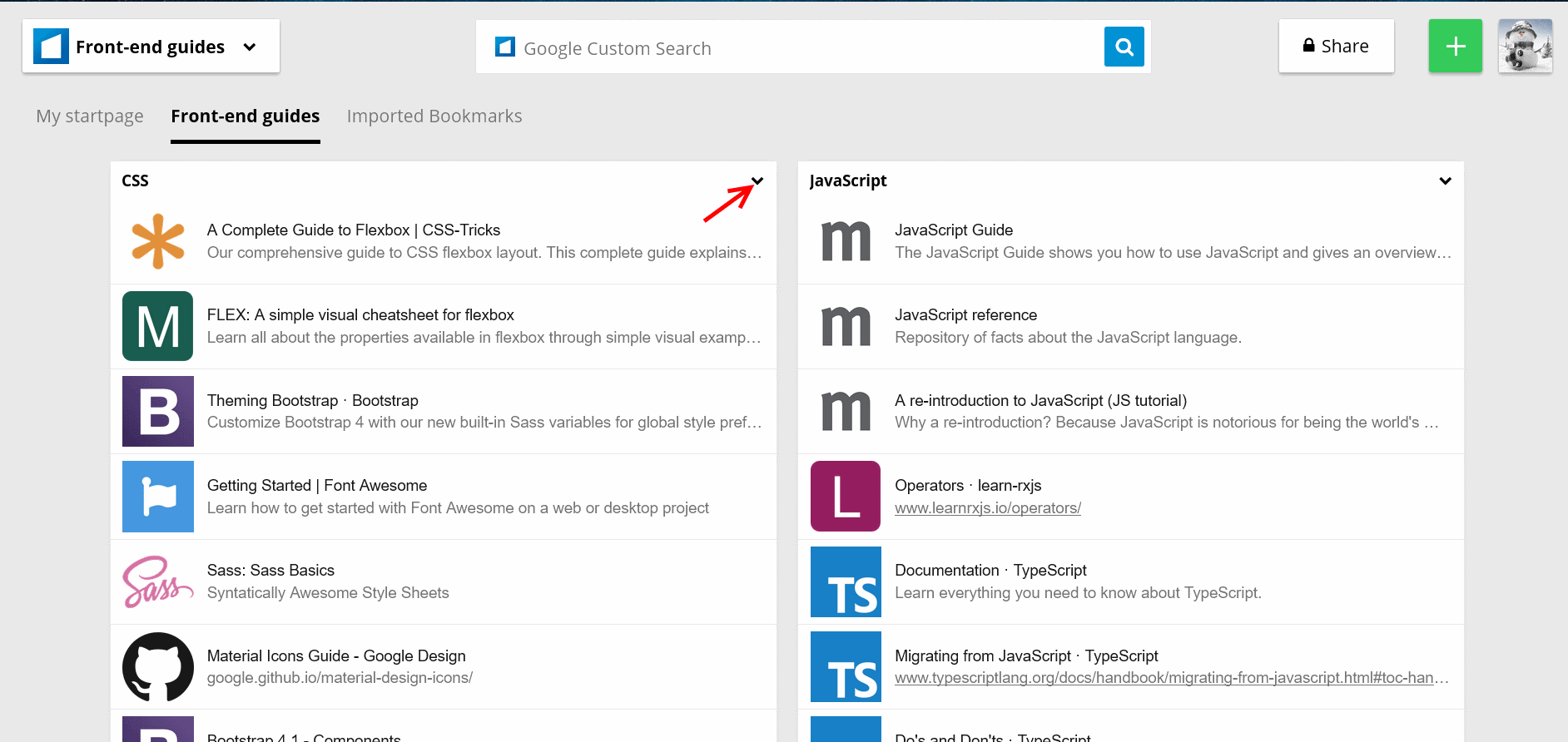 Start.me - 1. List menu