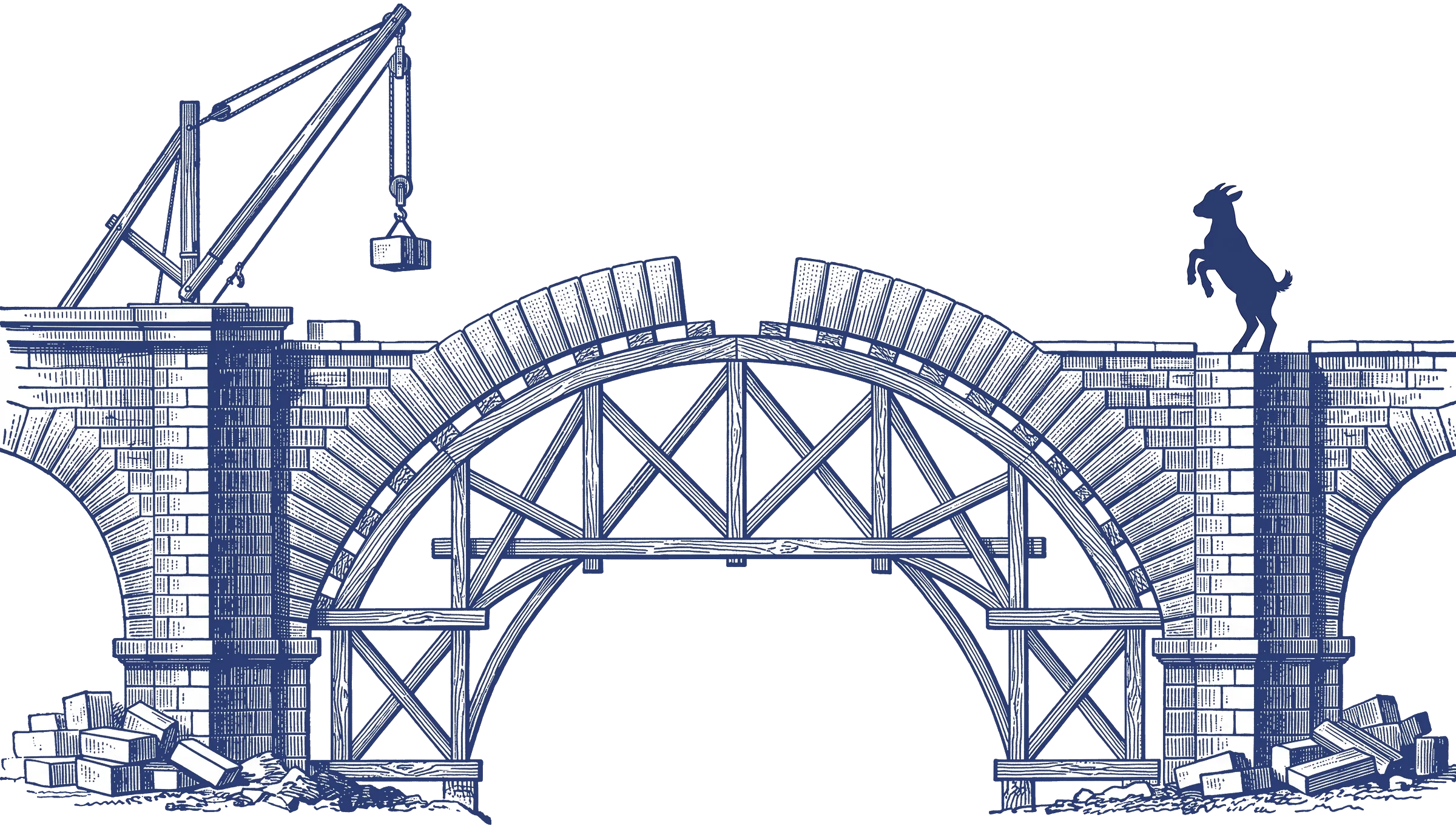 Engraved illustration of a stone arch bridge under construction, the two halves of the arch reaching toward each other with the keystone not yet placed, a timber crane holding a stone above the gap.