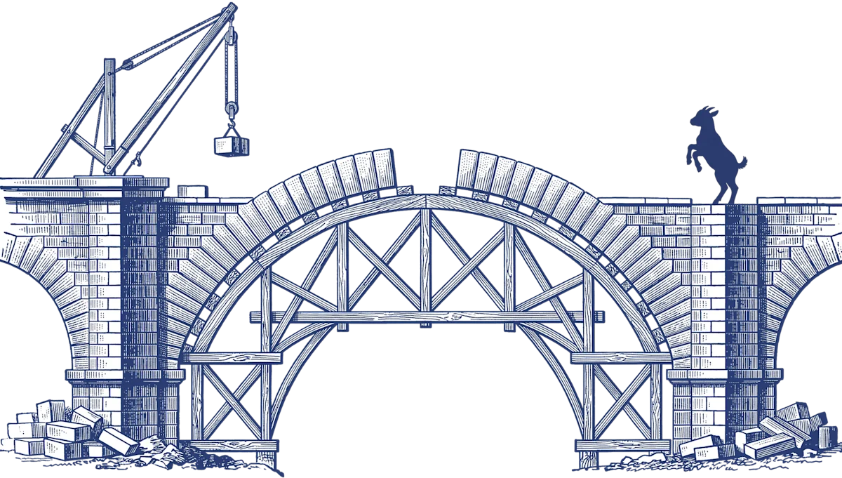Engraved illustration of a stone arch bridge under construction, the two halves of the arch reaching toward each other with the keystone not yet placed, a timber crane holding a stone above the gap.