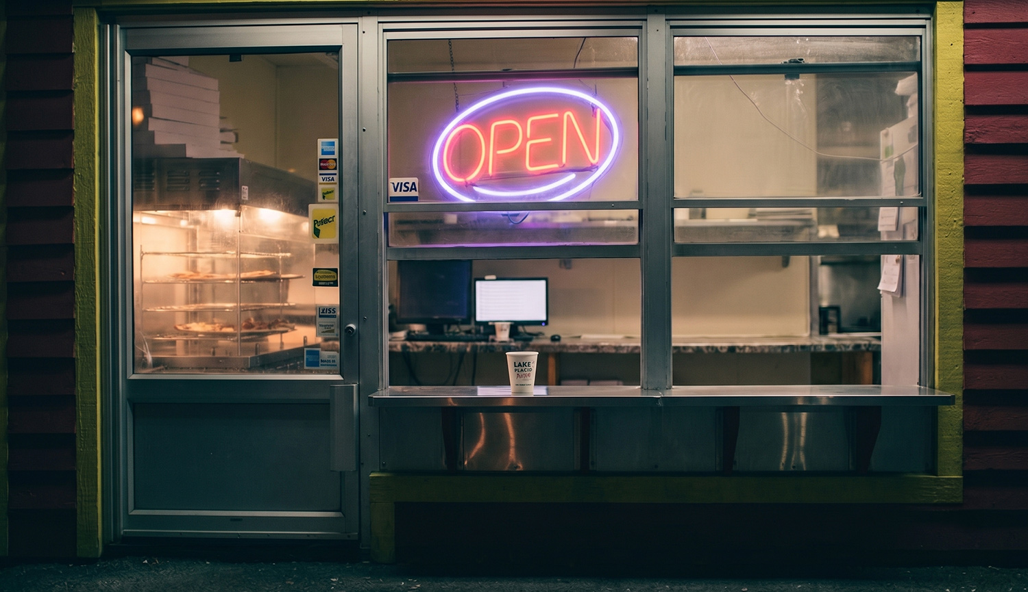A small business with an "Open" neon sign at night