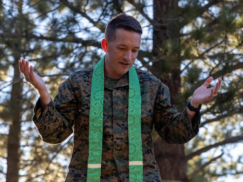 U.S. Marine Corps photos by Staff Sgt. Jestin Costa (U.S. Navy Lt. Michael Sniffen, battalion chaplain, 2nd Battalion, 25th Marine Regiment, 4th Marine Division, Marine Forces Reserve, presides at a Eucharist with Marines of Alpha Company, 4th Reconnaissance Battalion, 4th Marine Division during Mountain Training Exercise 4-24 at Marine Corps Mountain Warfare Training Center, Bridgeport, California, June 16, 2024) 