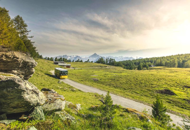 Panorama sur la Moosalp, été en Valais, Car Postal, Suisse