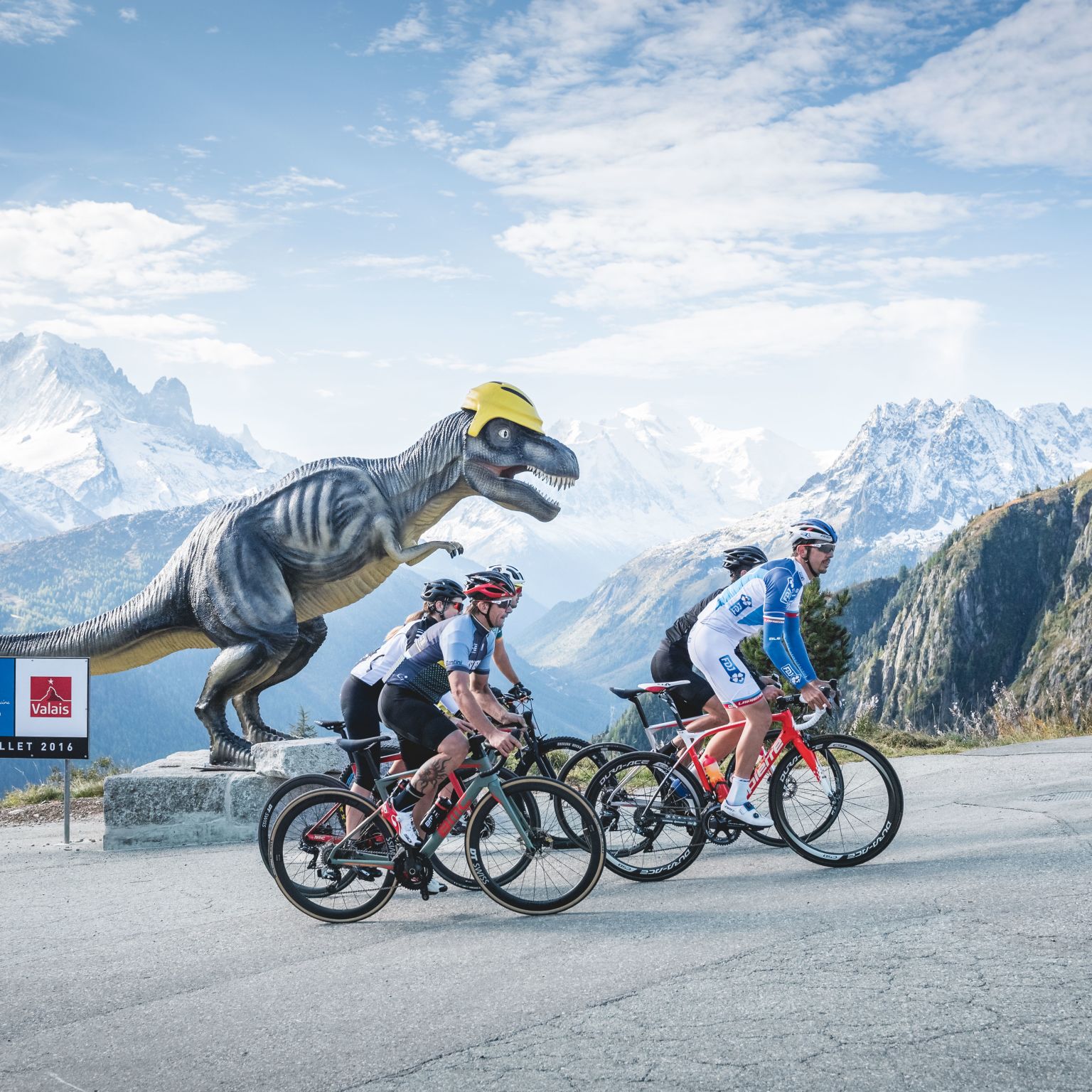 On the tracks of the Tour de France bicycle 
dinosaurs 
mountains Valais Wallis Schweiz Switzerland Suisse