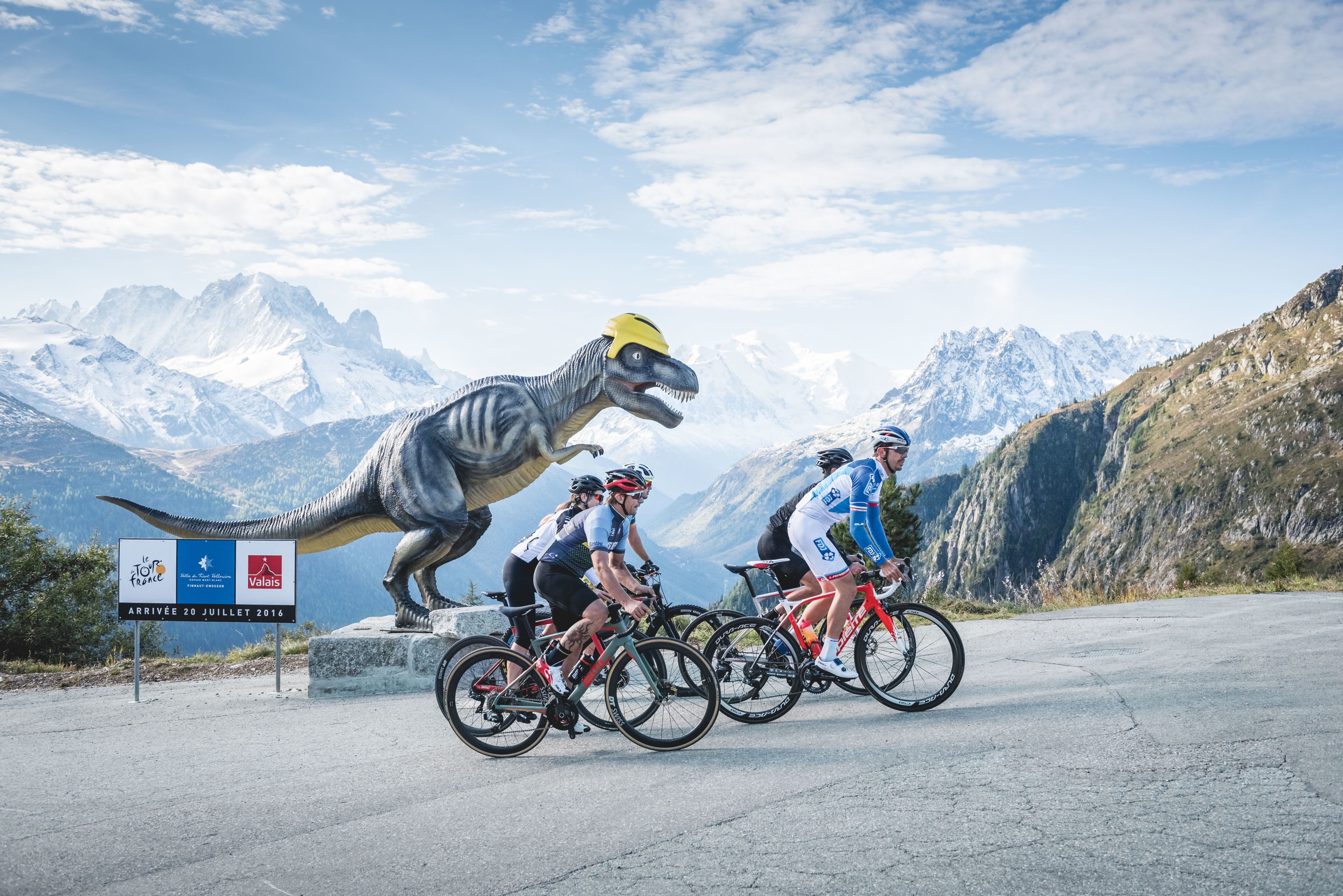 On the tracks of the Tour de France bicycle 
dinosaurs 
mountains Valais Wallis Schweiz Switzerland Suisse