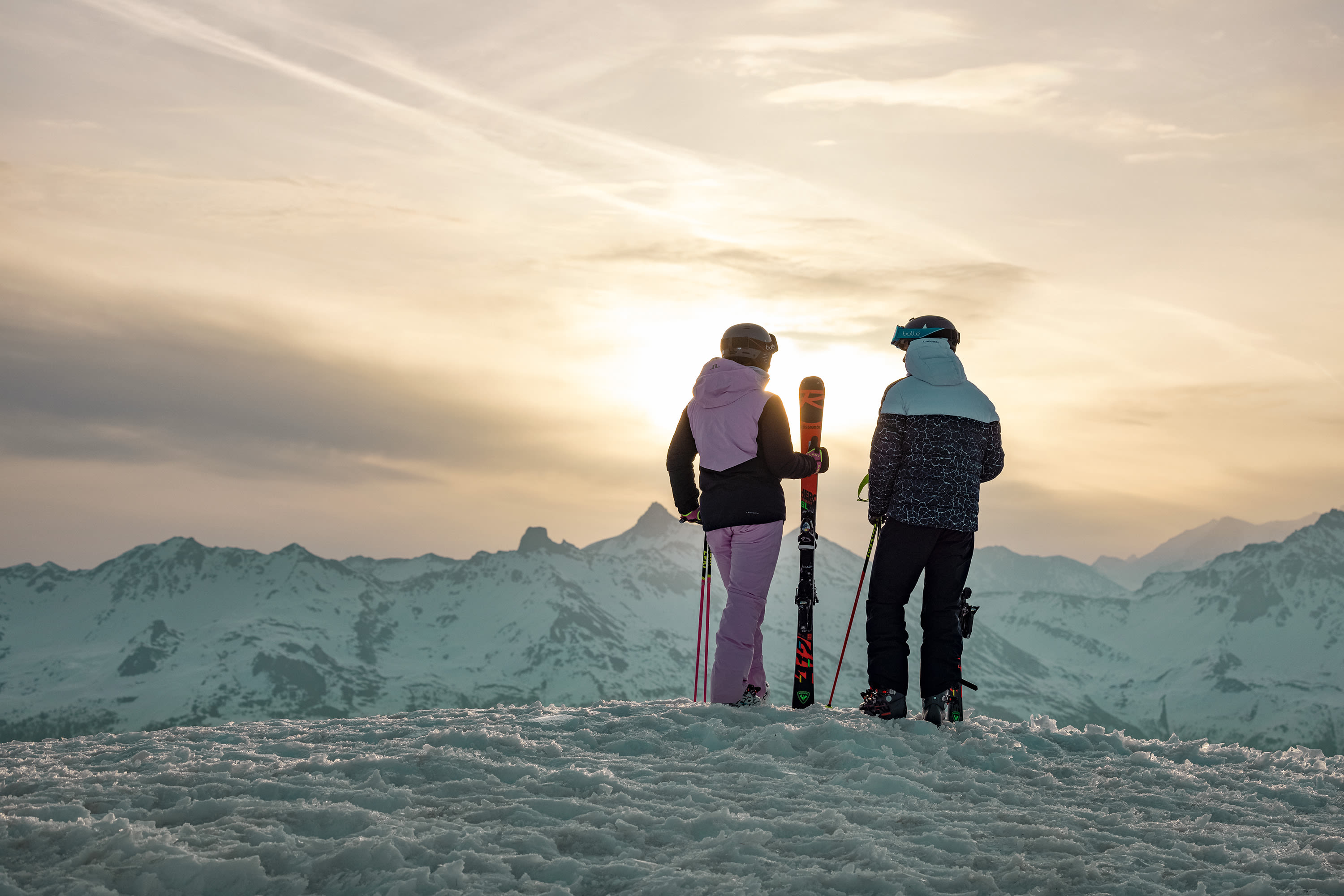 The Meillards admire the sunrise on the slopes of Thyon, Valais.