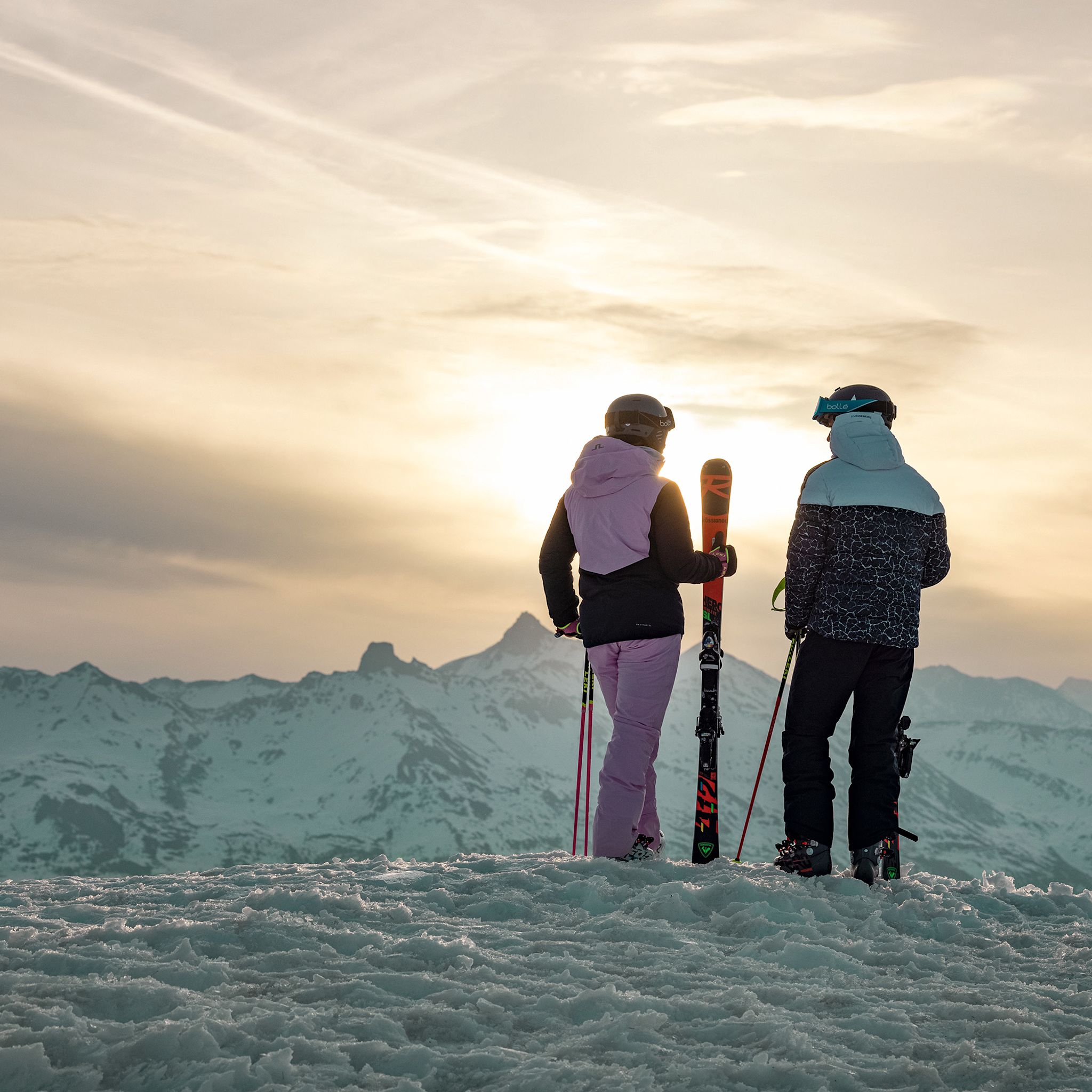 The Meillards admire the sunrise on the slopes of Thyon, Valais.