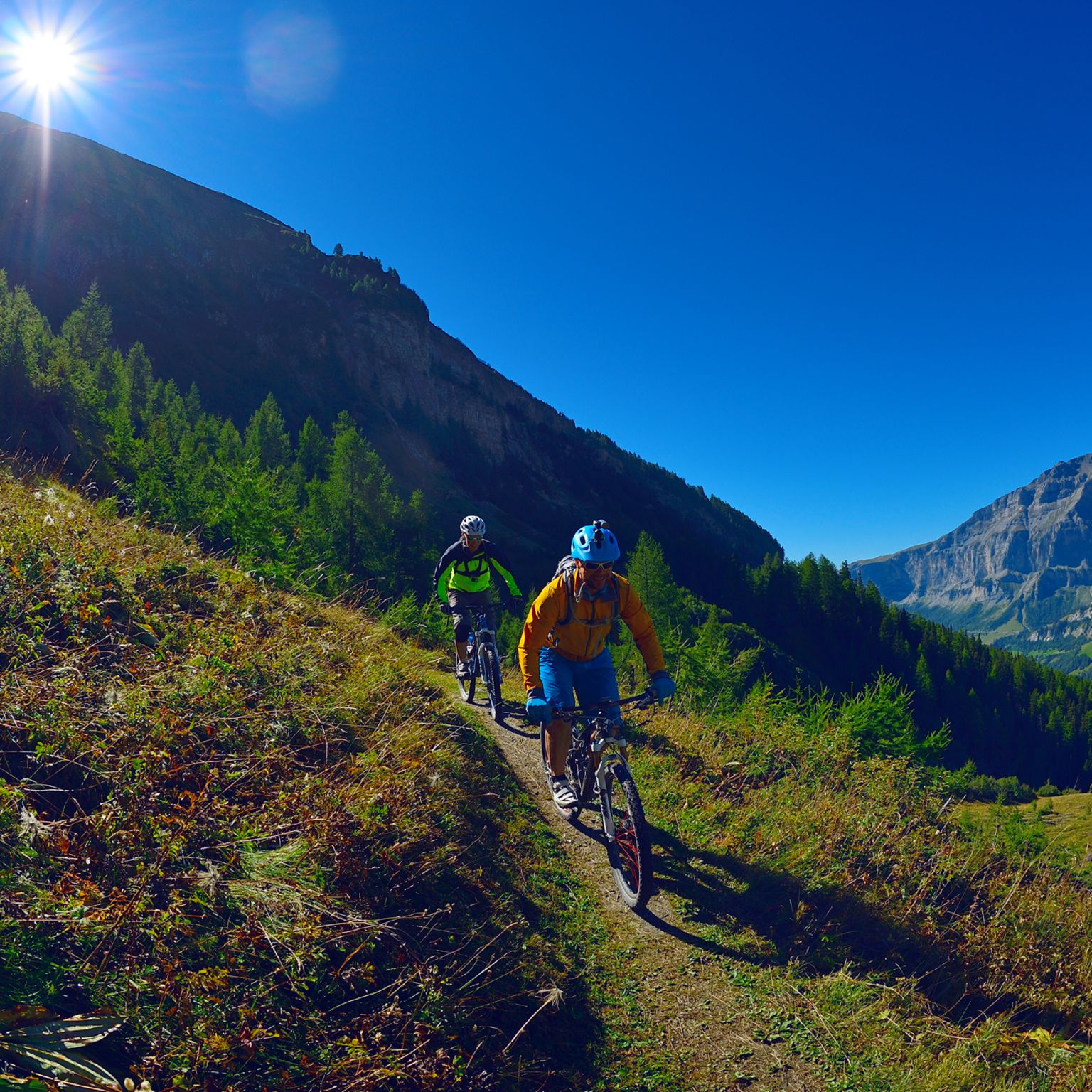 Mountainbiker in the region of Leukerbad during summer, Valais