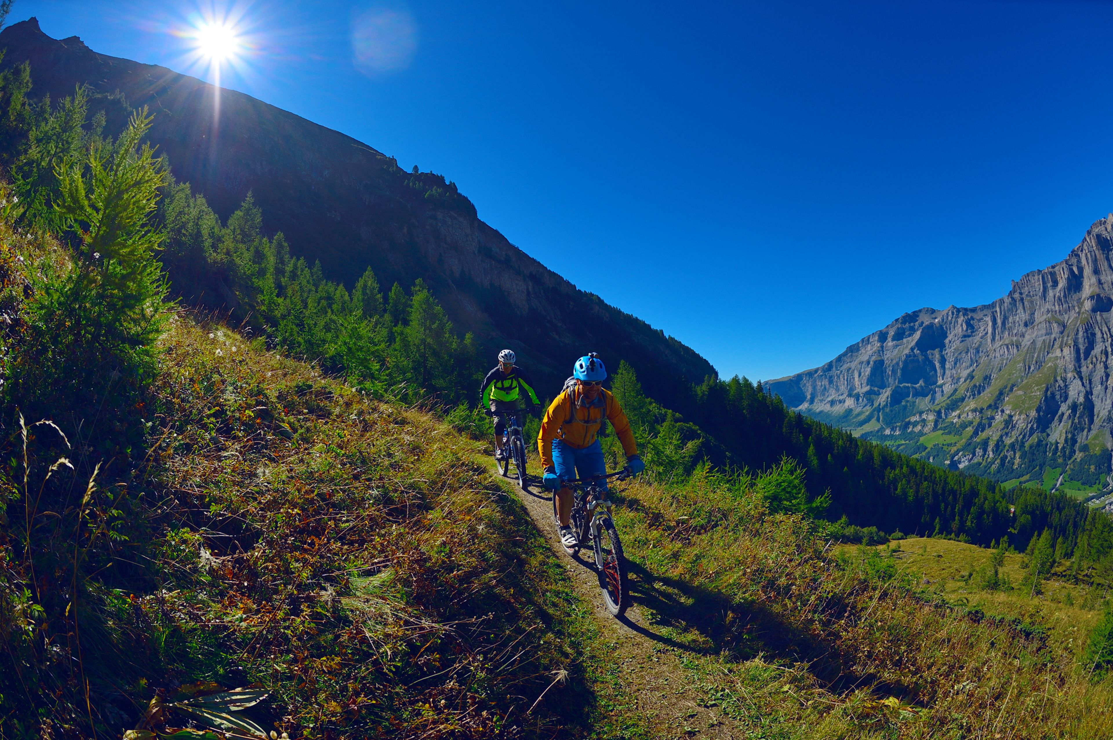 Mountainbiker in the region of Leukerbad during summer, Valais