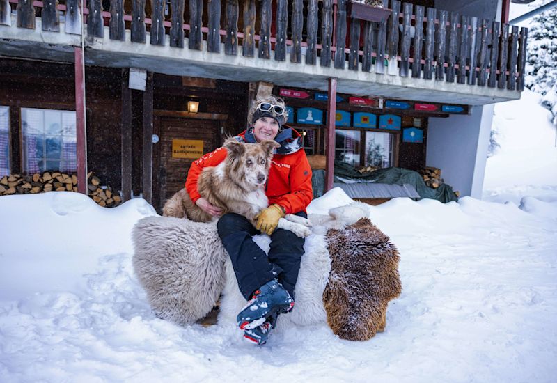 Christine Oguey and her avalanche dog Chulu, winter in valais, Switzerland