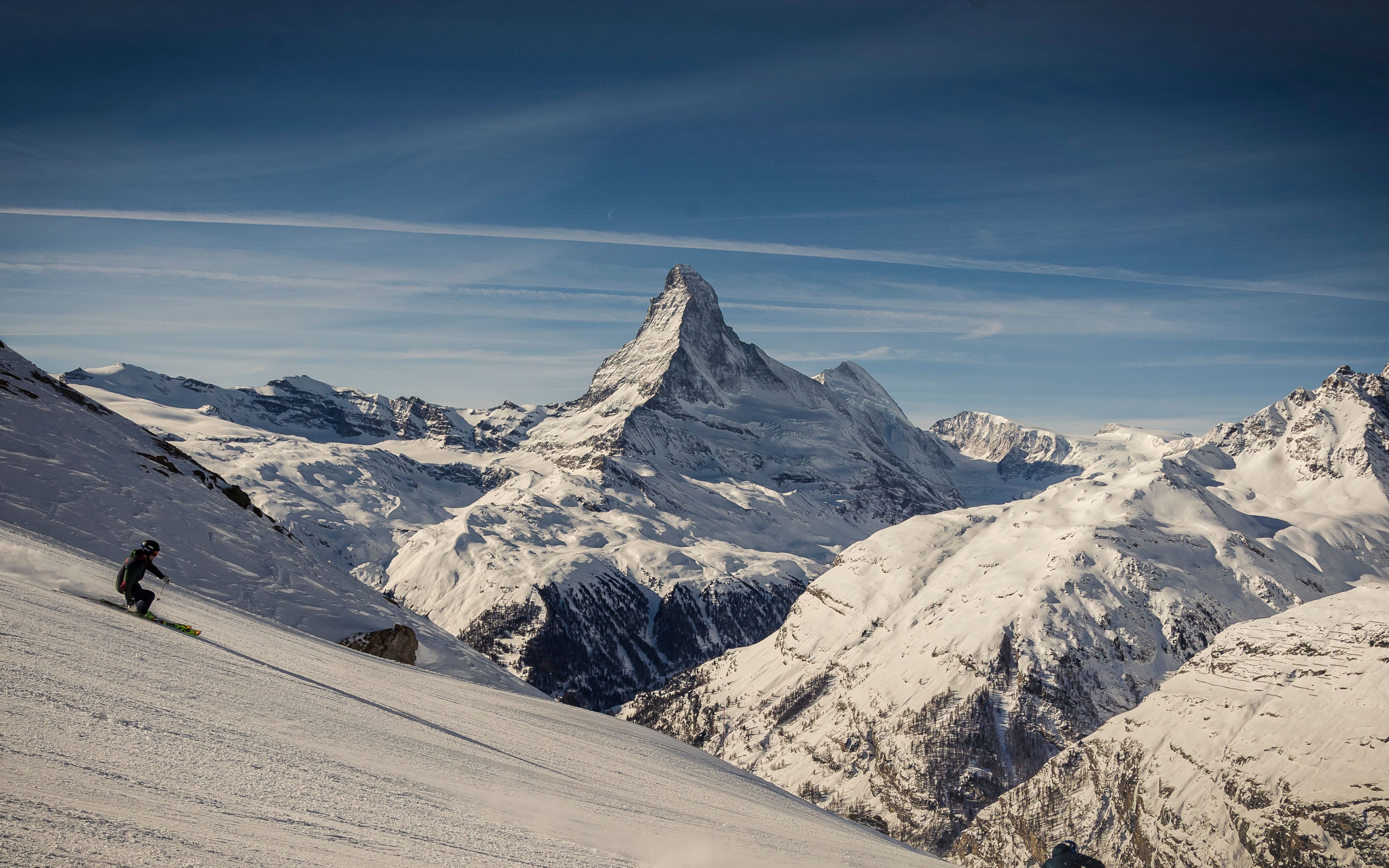 Skiing in Zermatt with a fantastic view of the impressive Matterhorn, Zermatt, winter in Valais, Switzerland