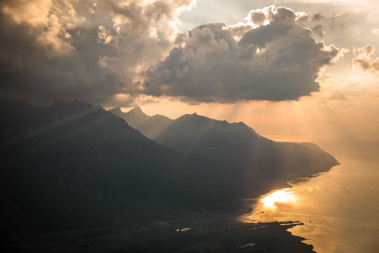 Aerial view of the Grammont and Leman Lake. Valais Switzerland