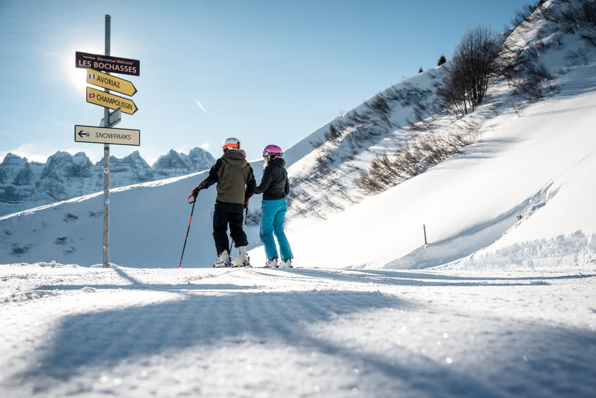Skiers on the Portes du Soleil ski area, winter in Valais, Switzerland