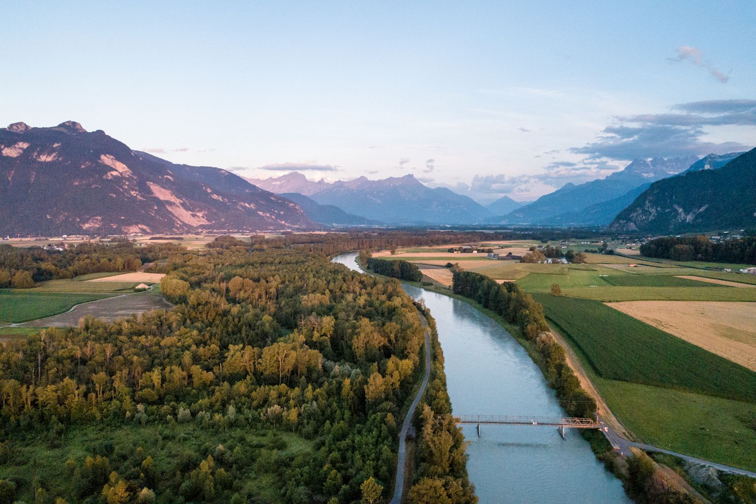 Aerial view of the Rhône which will flow into Lake Geneva. Chablais Valaisan region. Valais Switzerland