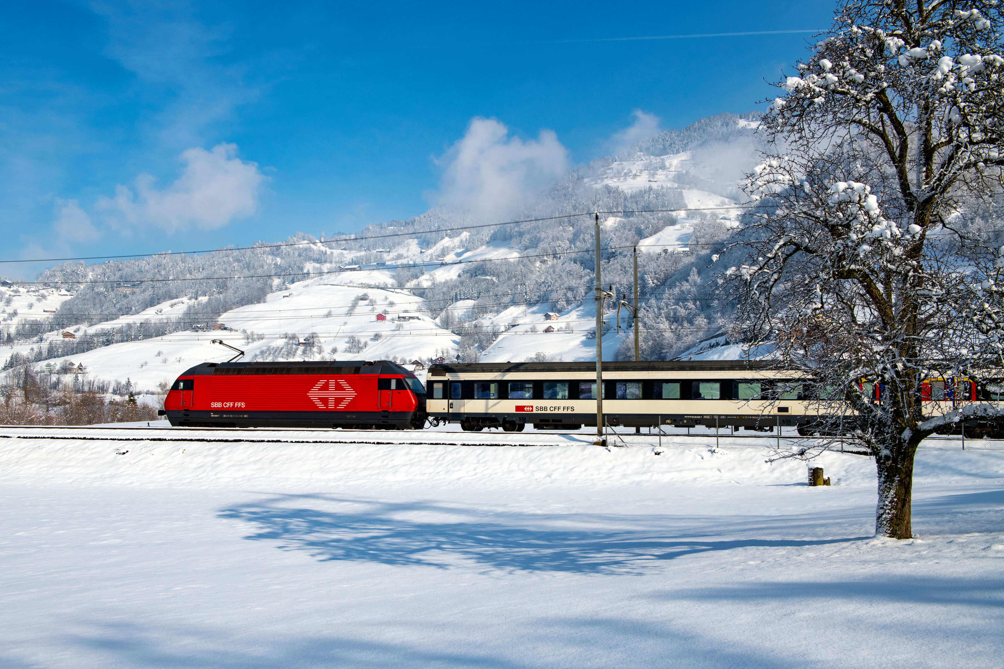 A SBB train in a winter environment.