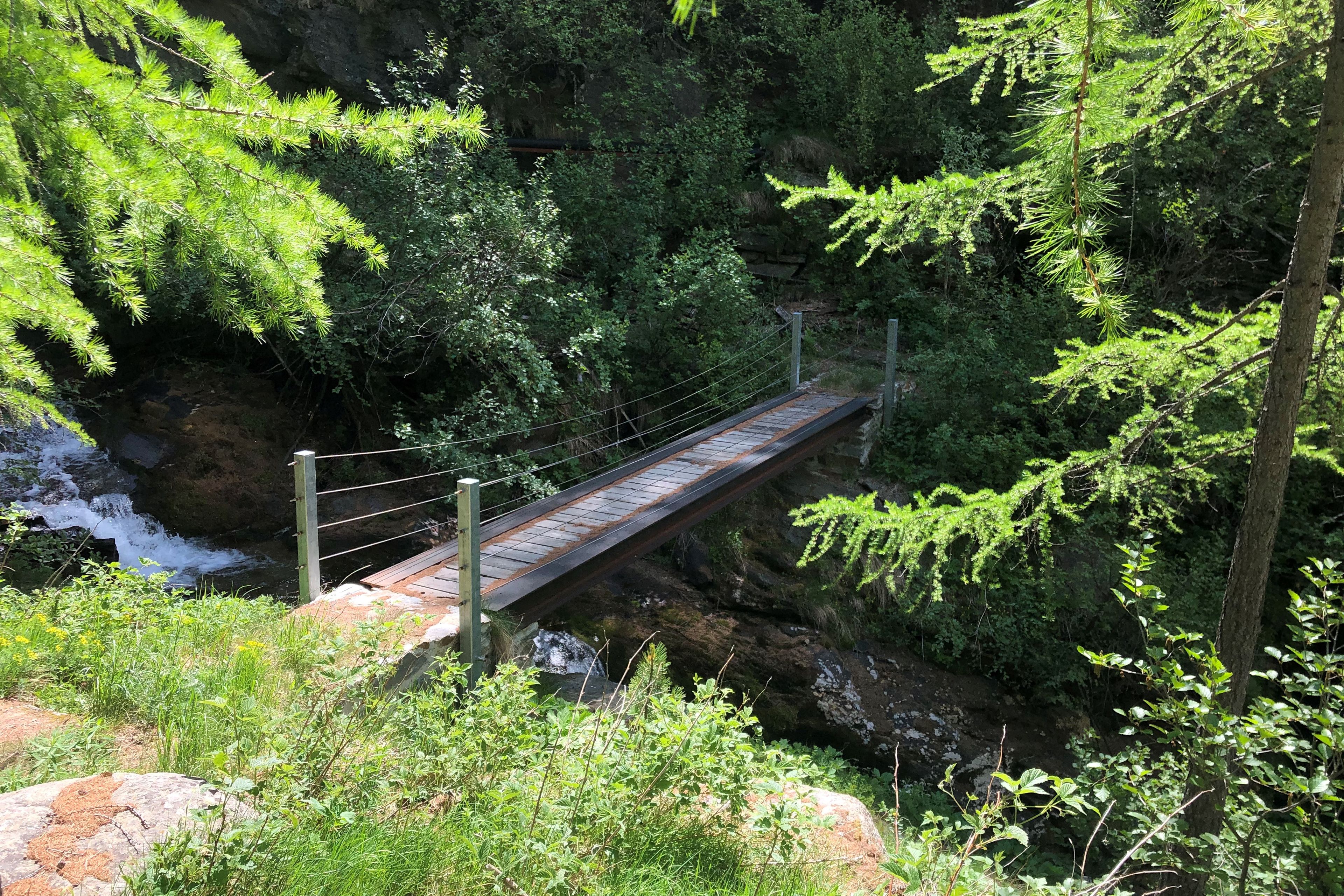Kleiner Brücke über den Fellbach im Wald bei Saas-Balen, entlang der Suone Rittmal, Somer im Wallis, Schweiz