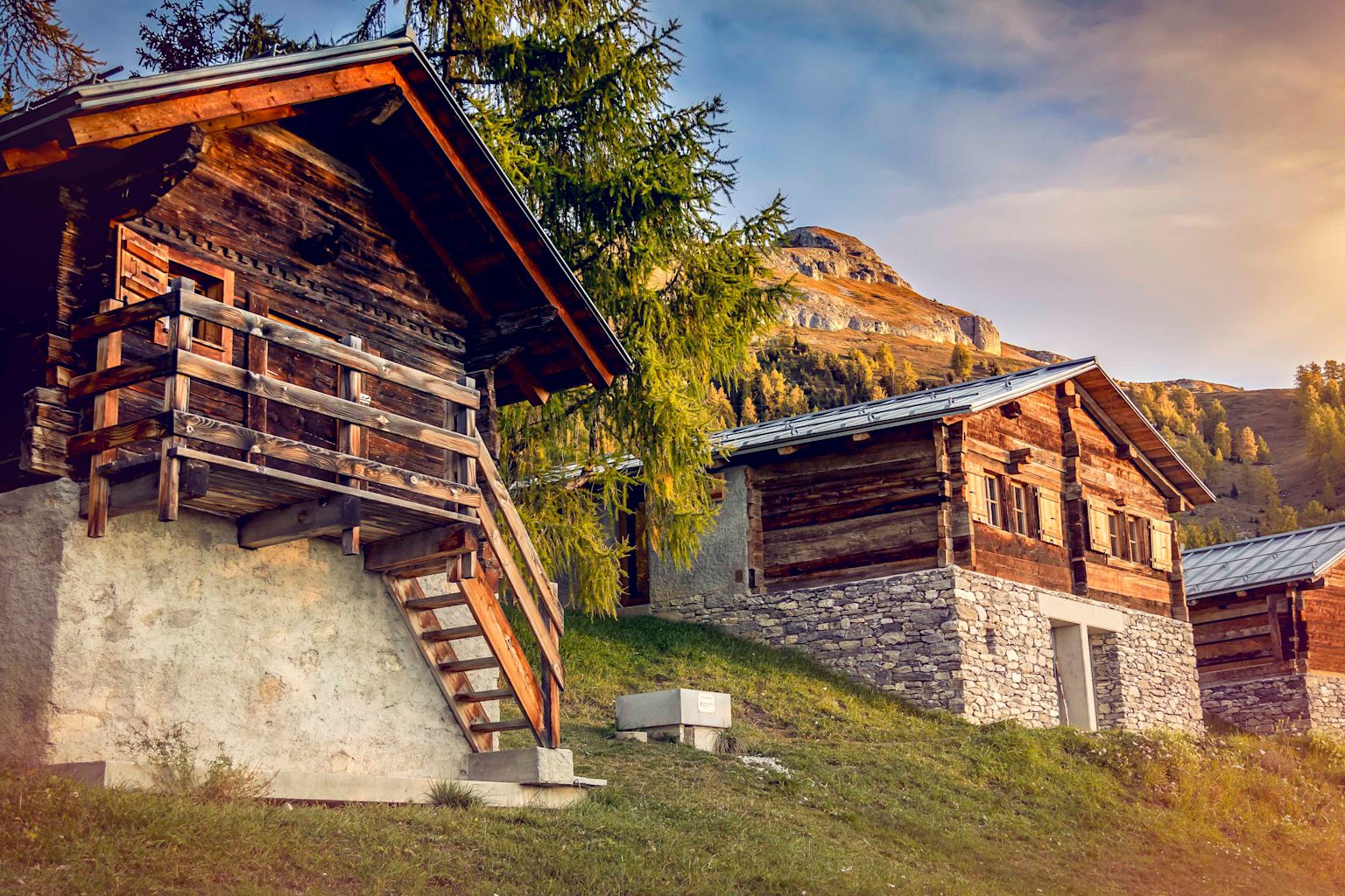 Mazots/raccards in the Alpage de Colombire in Crans-Montana. Valais, Switzerland.