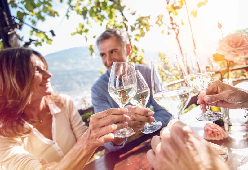 Des amis qui trinquent du vin blanc lors d'un moment de convivialité.  Valais, Suisse.