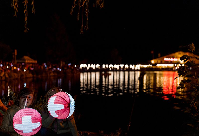 Lac Grenon in Crans-Montana in the colors of Switzerland.