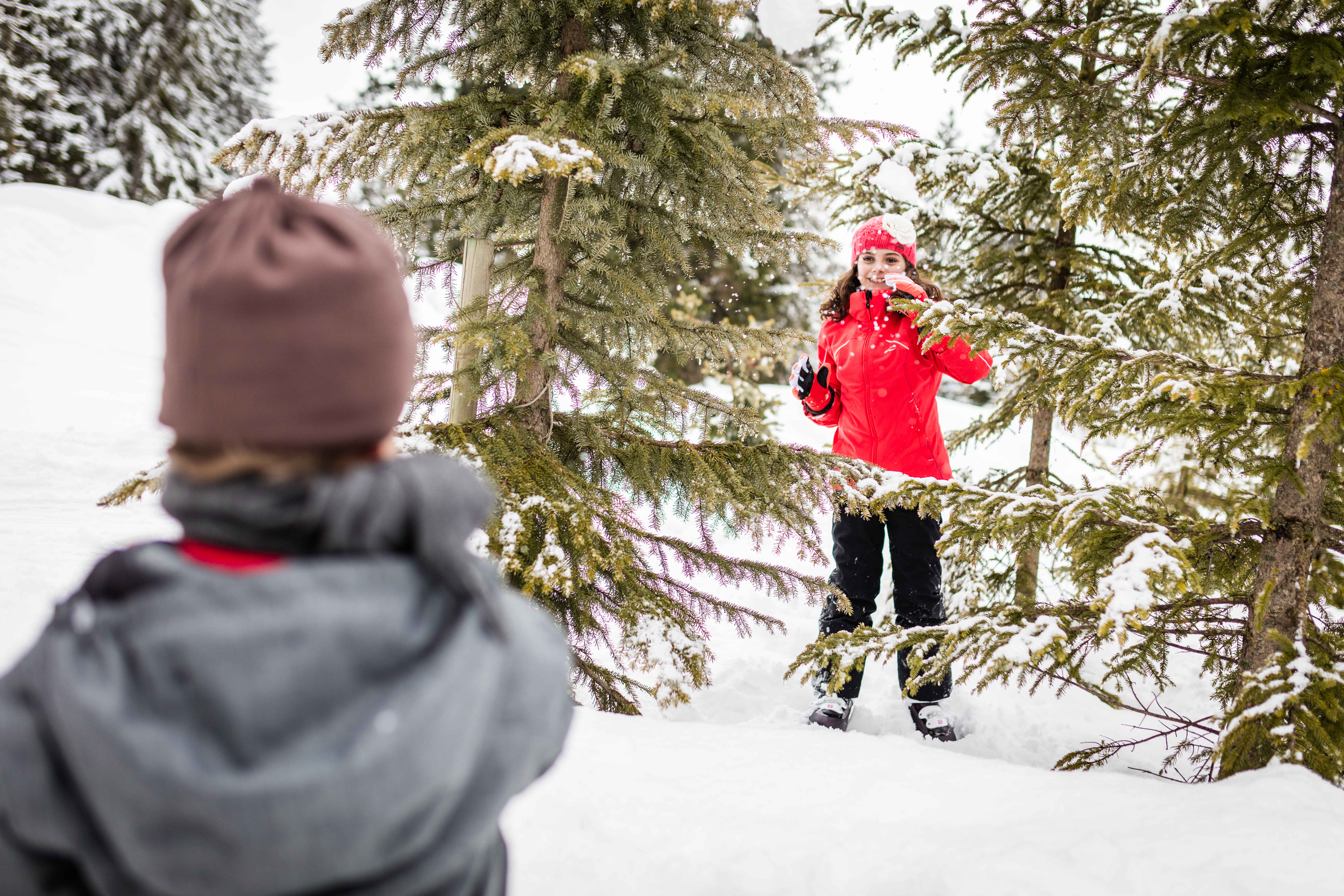 Ein Bruder und seine Schwester machen eine Schneeballschlacht. Die Schwester versteckt sich hinter den verschneiten Bäumen. Wallis, Schweiz