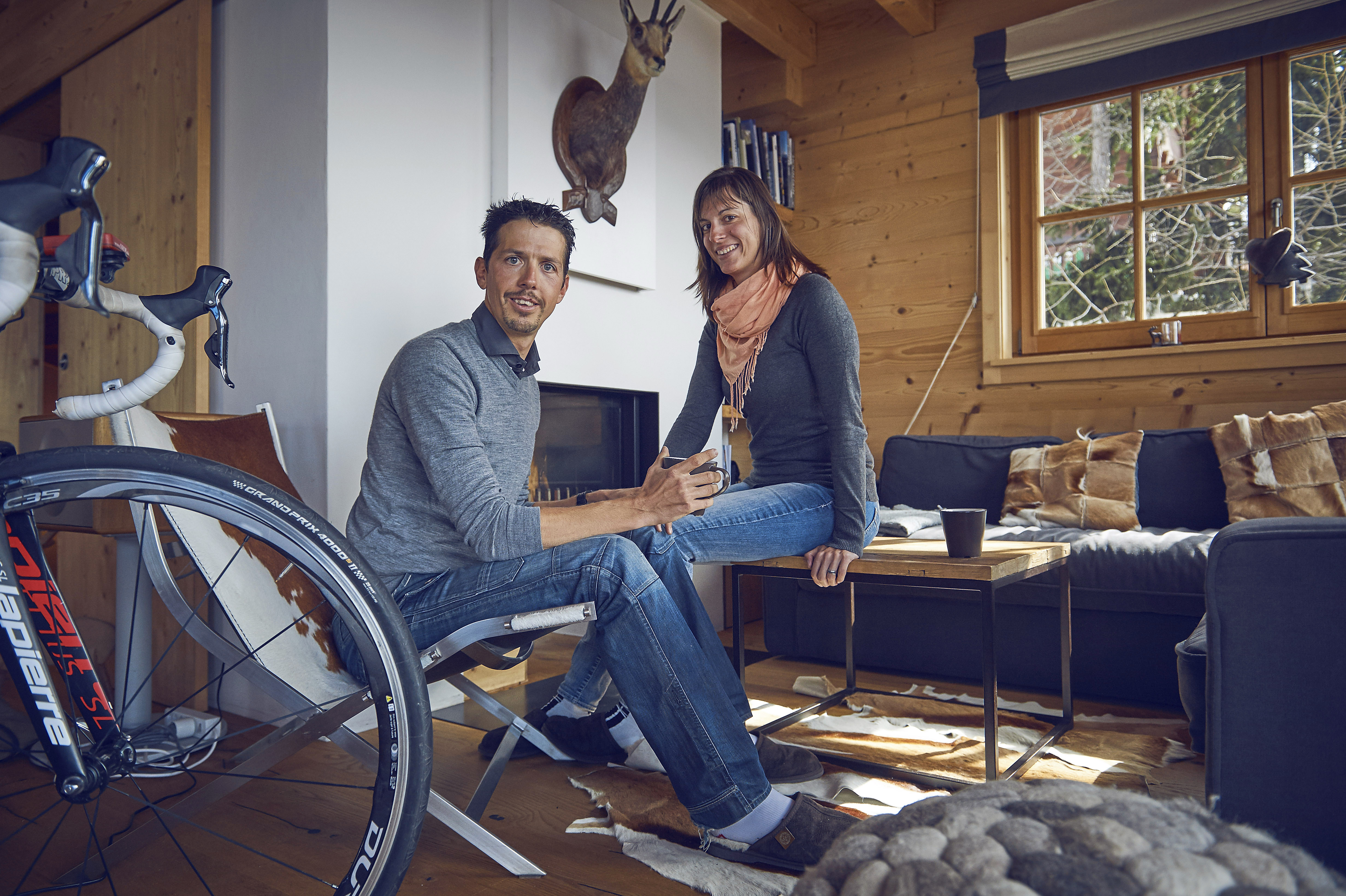 Steve Morabito with his wife Virginie in their holiday chalet in Chandolin.