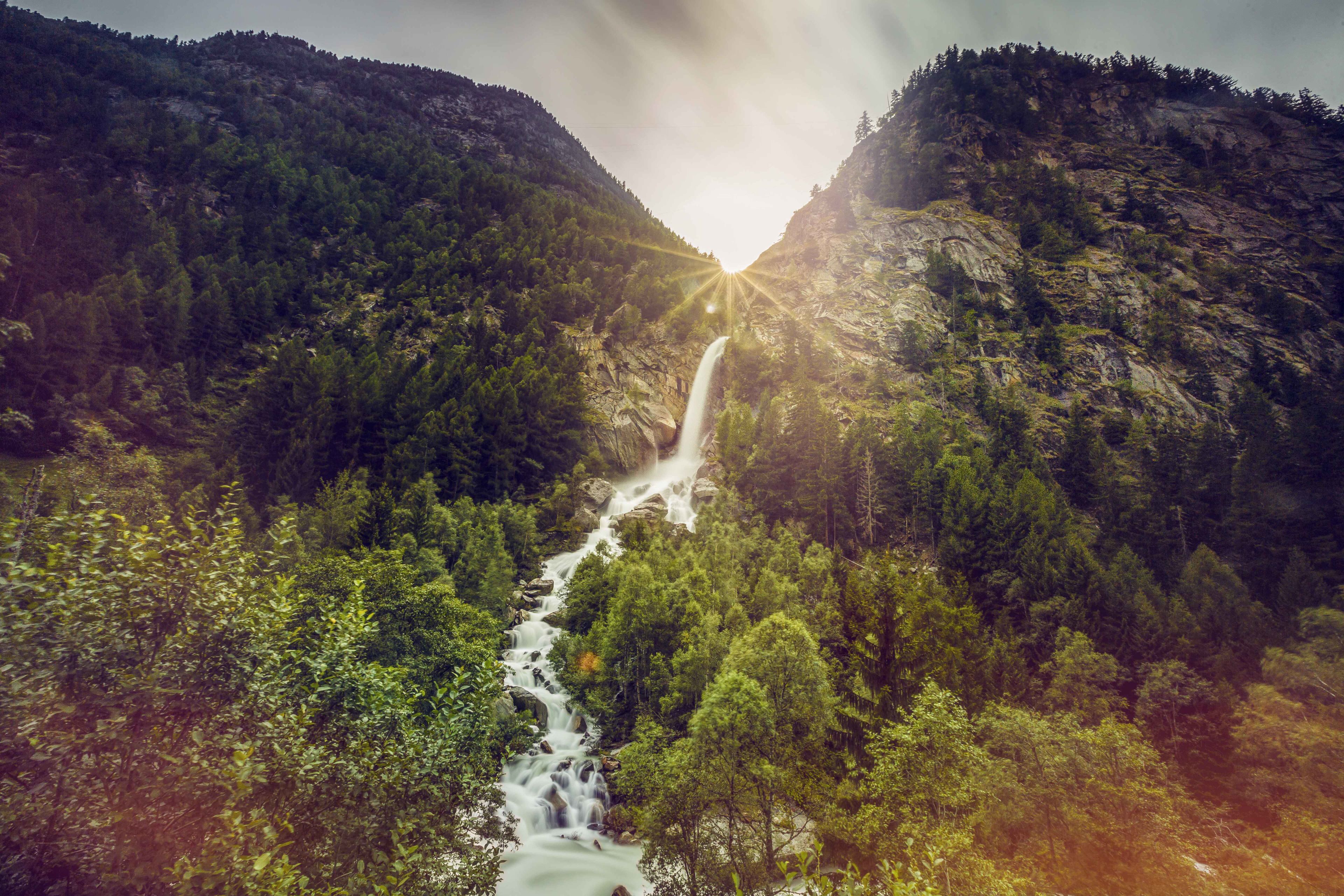 Waterfall in the Saas Valley, summer in Valais, Switzerland