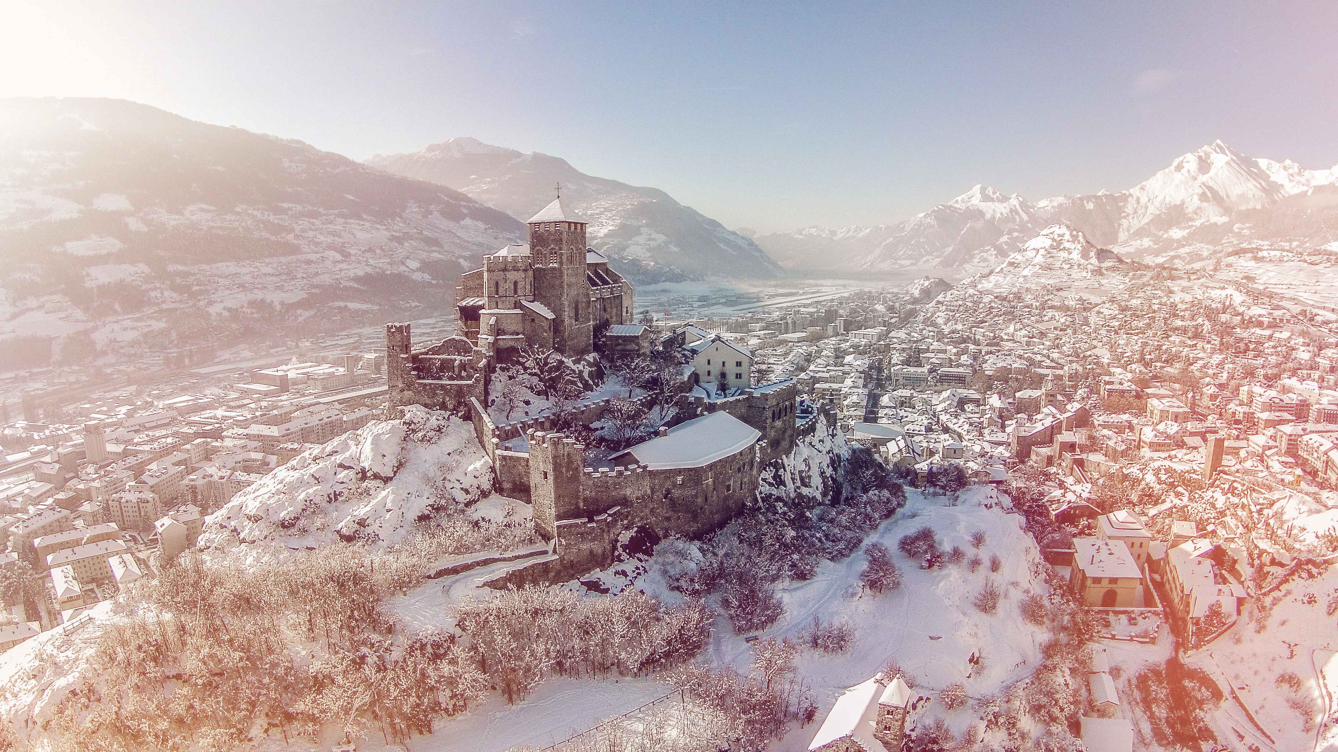 Overview of Sion with a view of a castle, Valais, Switzerland
