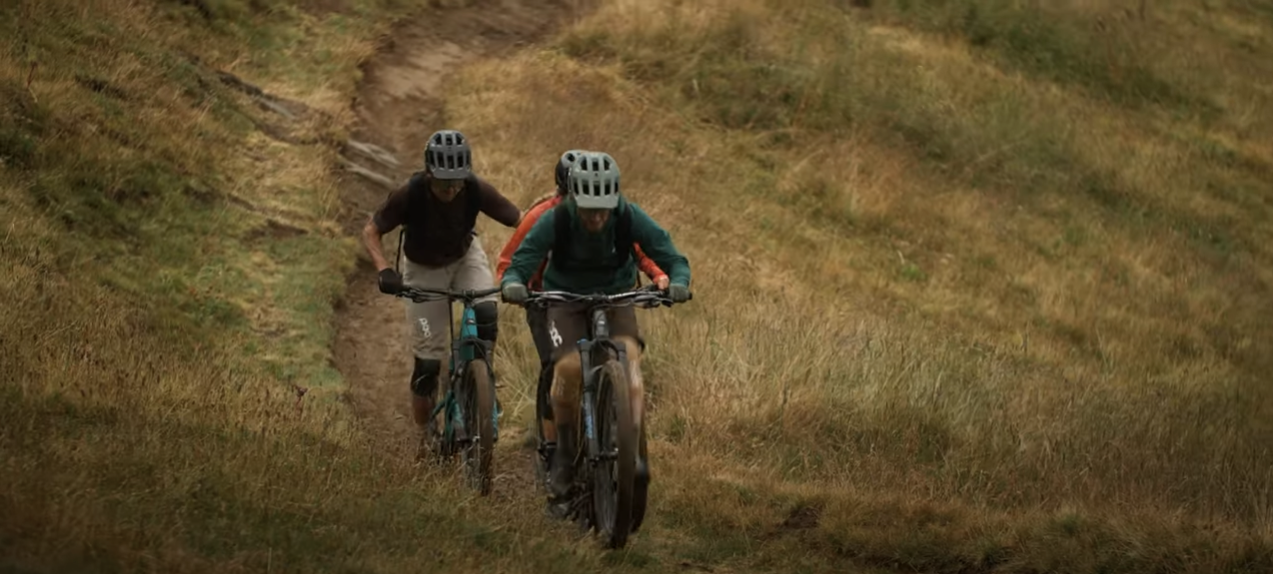 Two bikers on the AlpineBike between Leukerbard and Unterbaech, Valais, Switzerland.