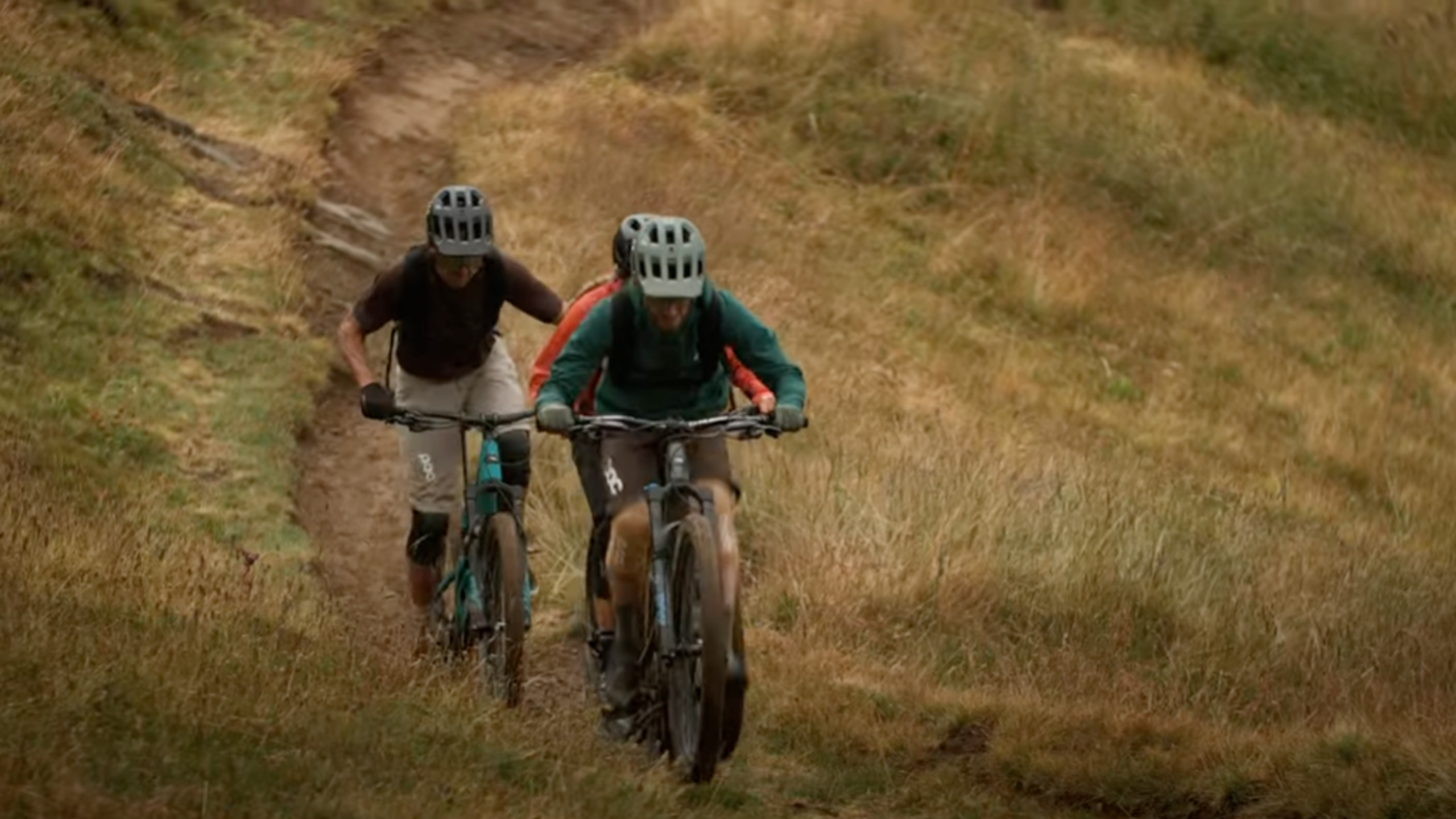 Two bikers on the AlpineBike between Leukerbard and Unterbaech, Valais, Switzerland.