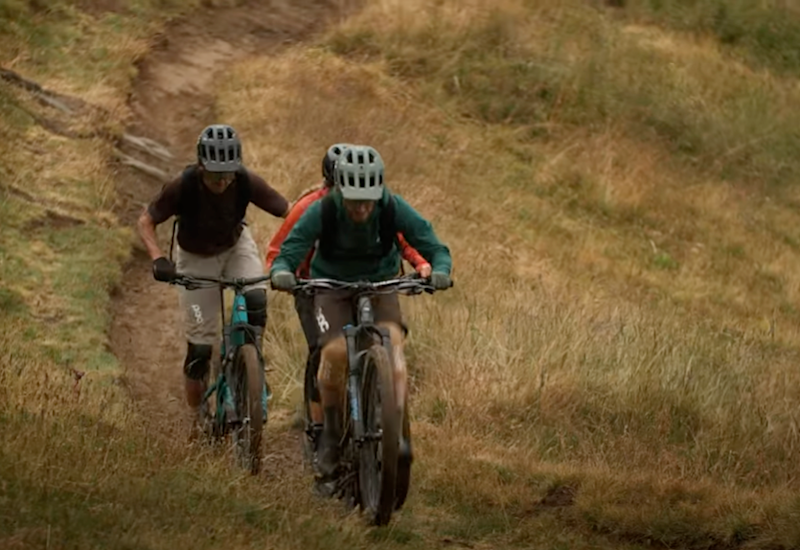 Two bikers on the AlpineBike between Leukerbard and Unterbaech, Valais, Switzerland.