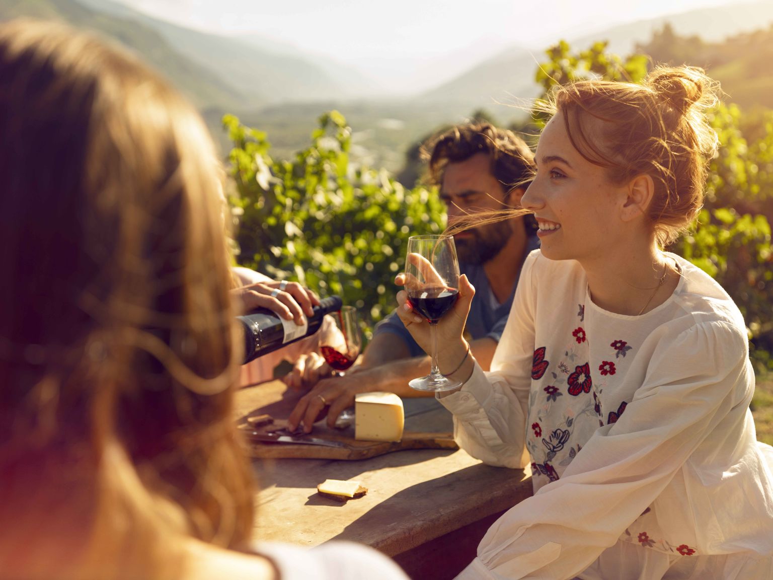 Oenotourisme. Des amis dégustent du vin valaisan dans le vignoble. Valais, Suisse.