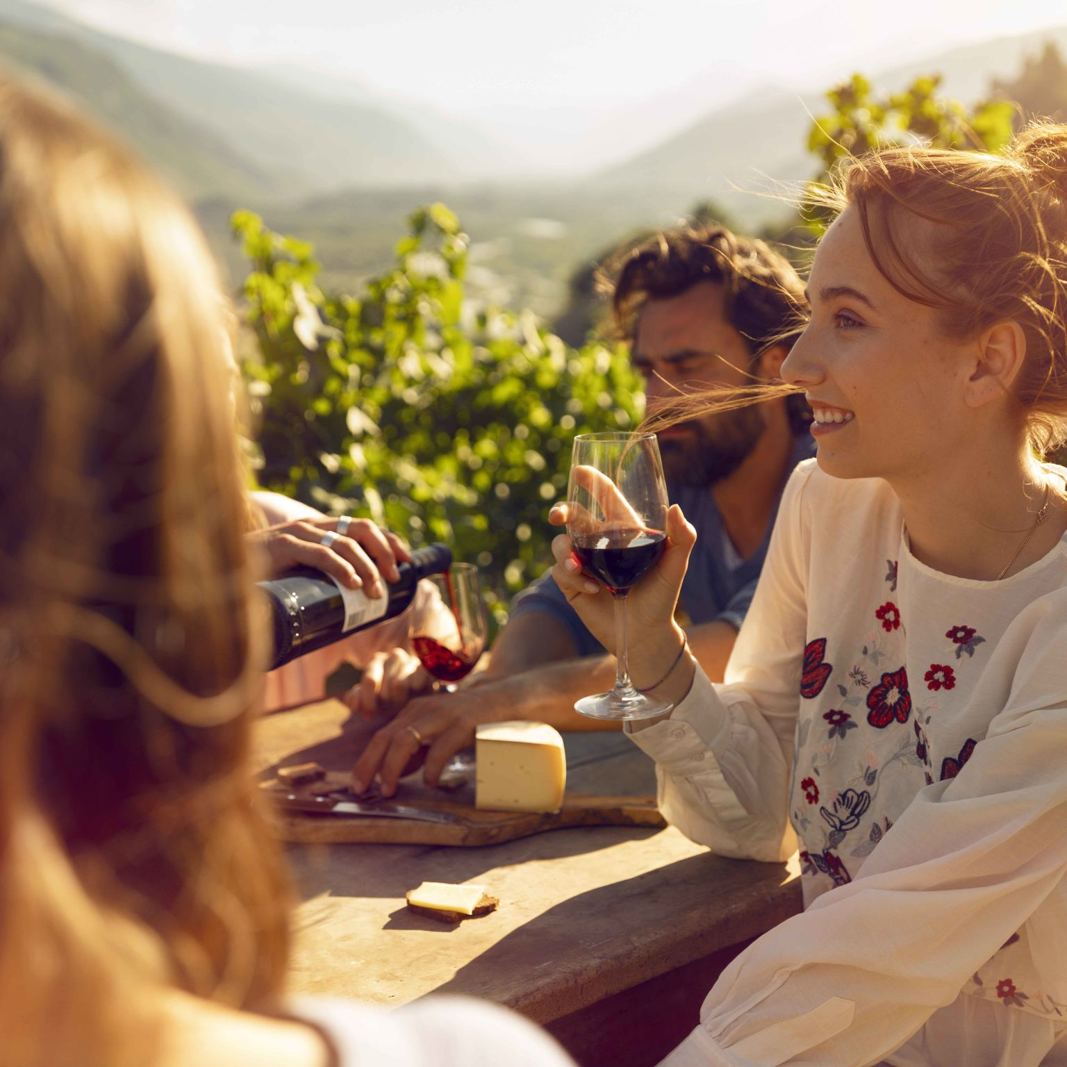 Wine tourism. Friends tasting Valaisan wine in the vineyard. Valais, Switzerland.