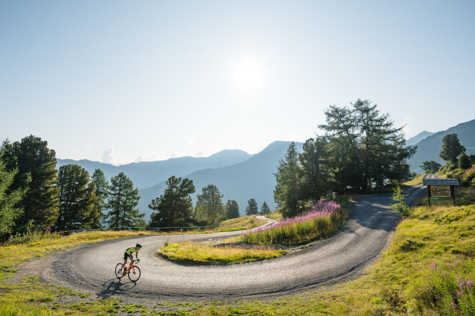 Cyclist on the ascent of the Col de la Croix de Coeur. Valais Switzerland