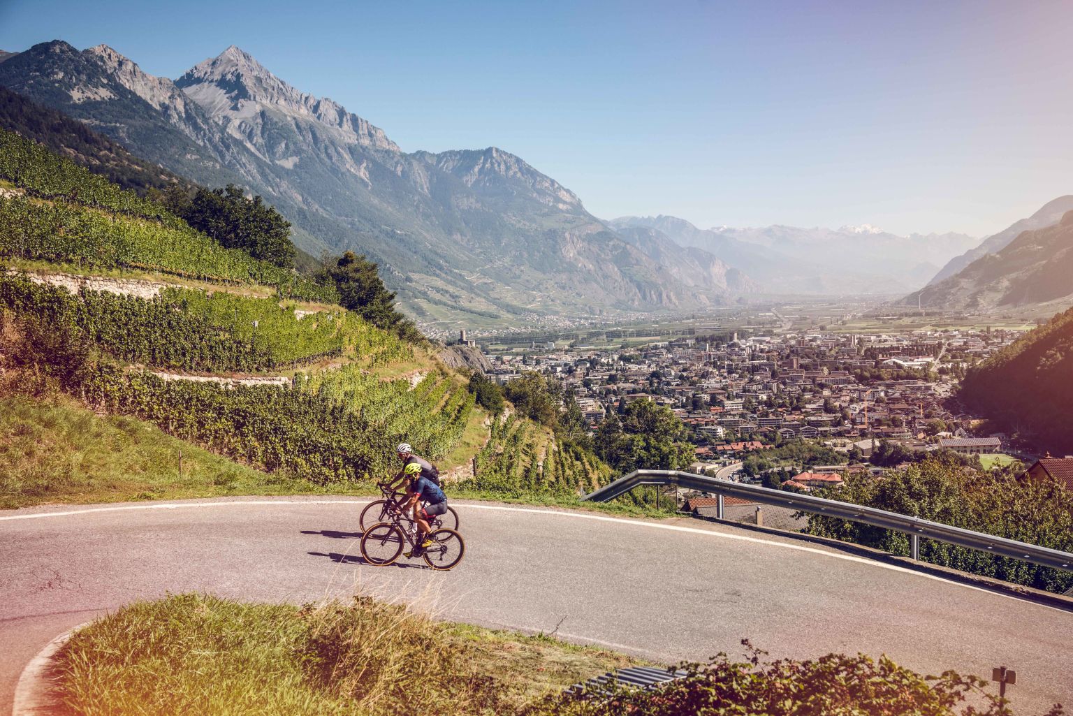 Petite Forclaz, two bikers, Valais, Switzerland