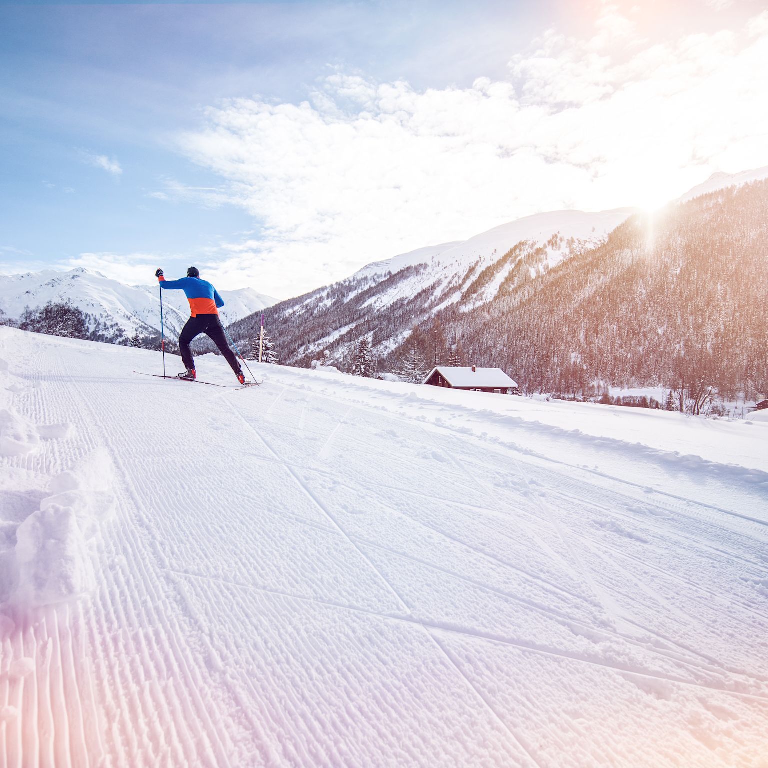 Cross country skiing in the valley of Goms, the biggest cross country region of Switzerland, winter in Valais