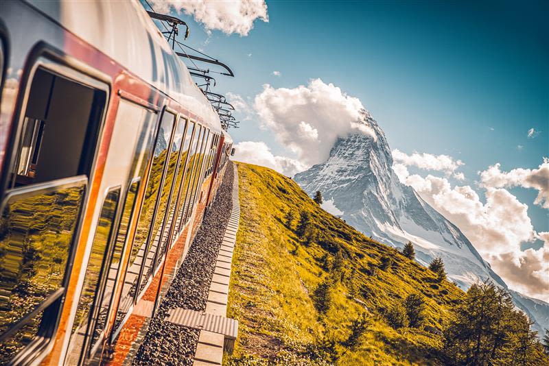 The Gornergrat-Bahn connects Zermatt to the Gornergrat by train. During the journey, the passengers have a magnificent view of the Matterhorn. Valais. Switzerland