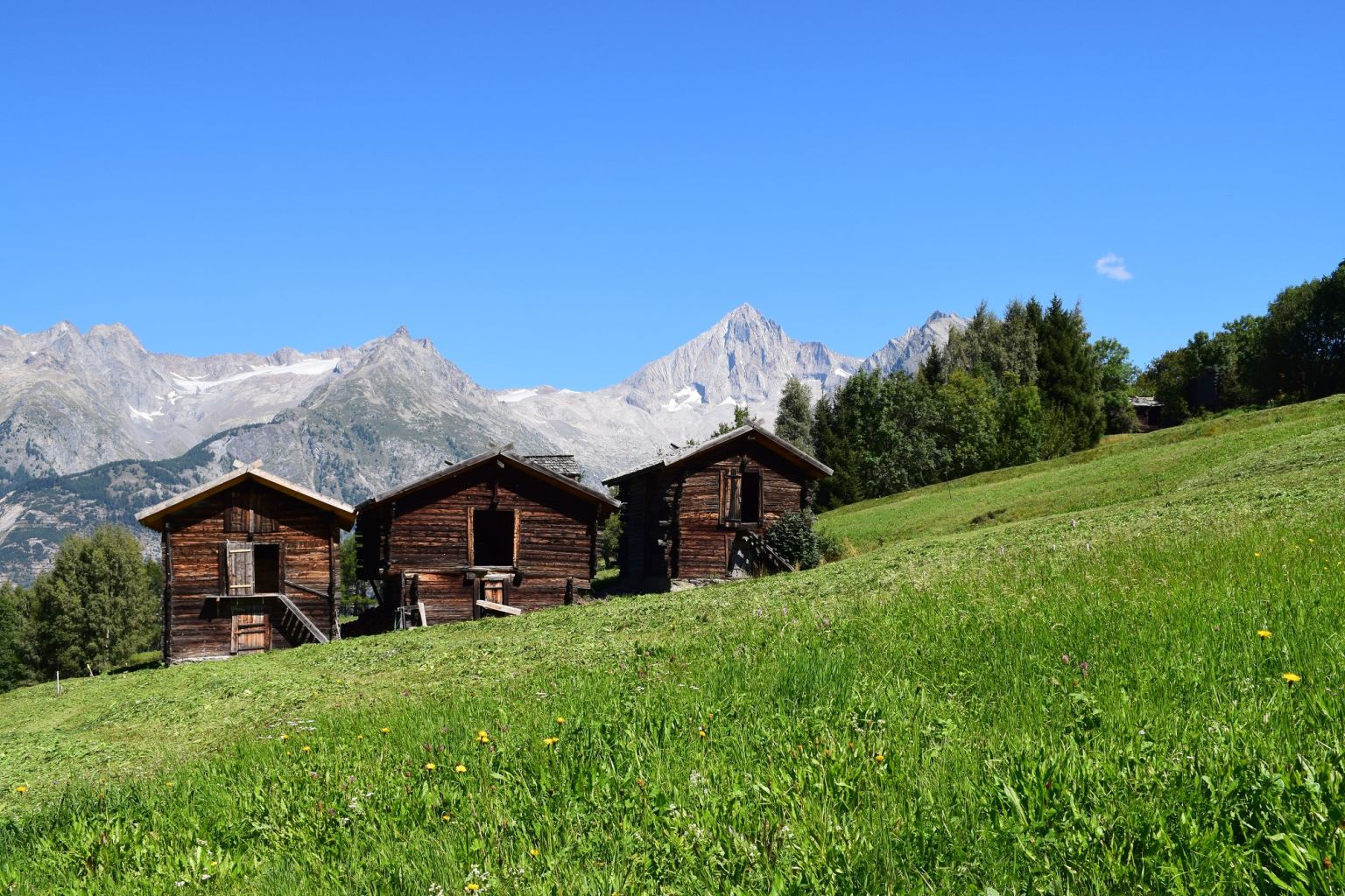 Old stables in Bürchen with the Bietschhorn in the background, Valais