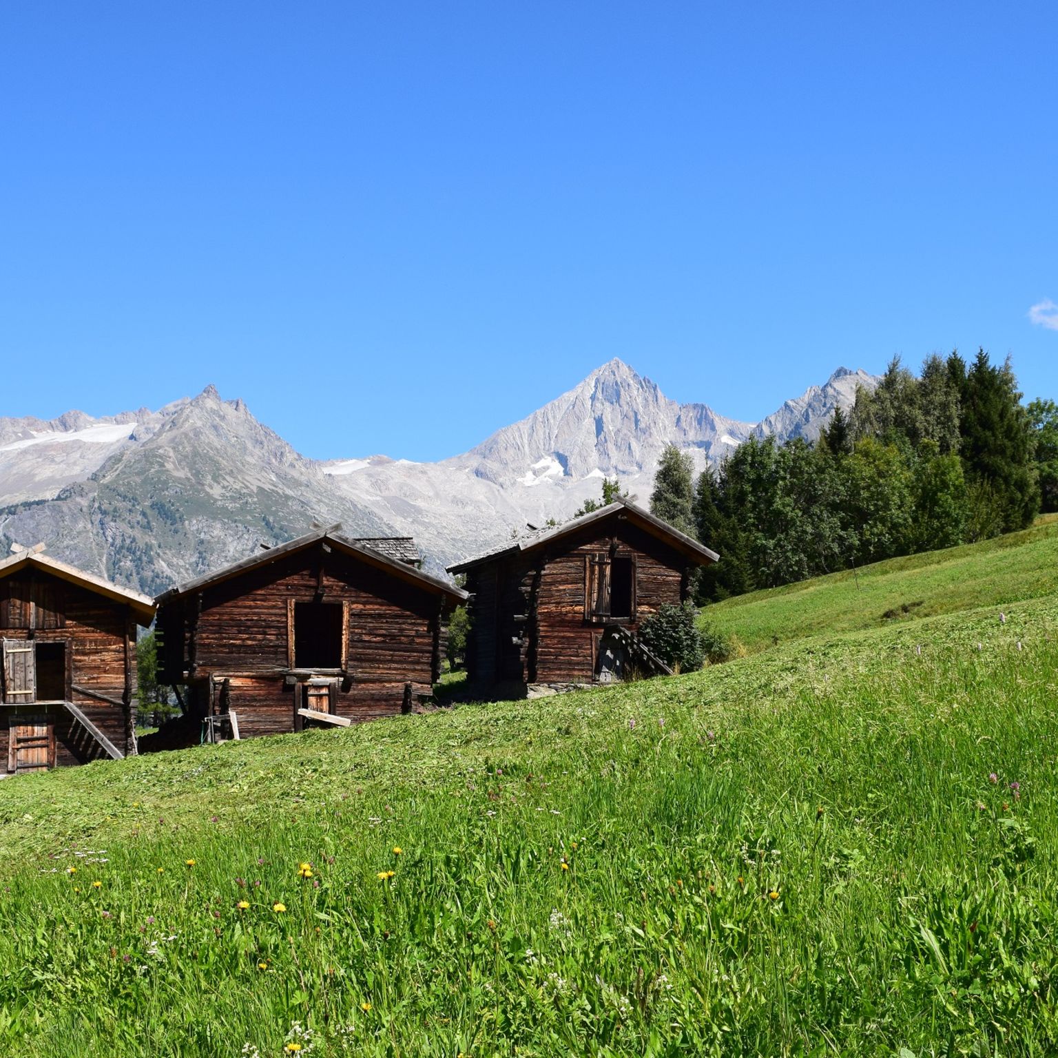 Old stables in Bürchen with the Bietschhorn in the background, Valais