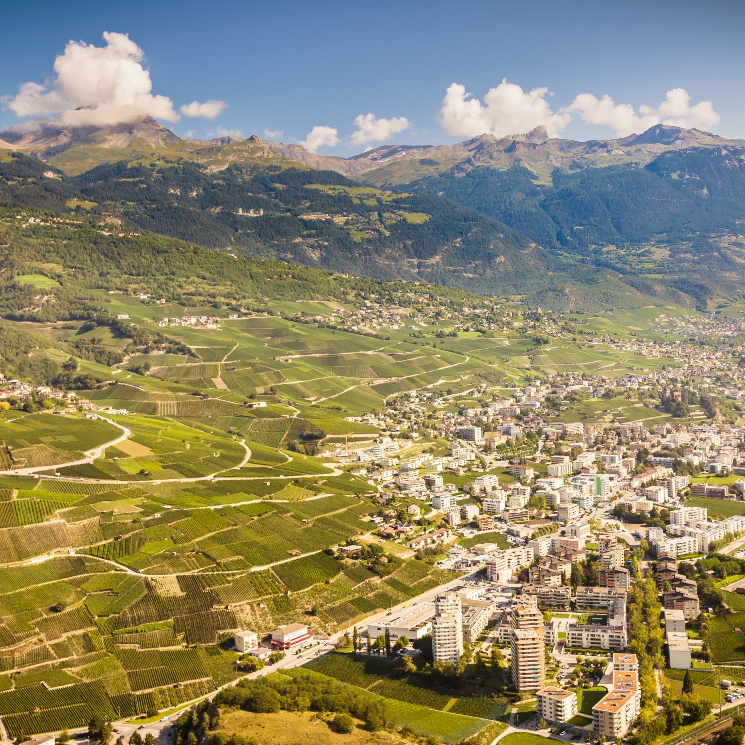 Sky view of the vineyard and the town of Sierre. Valais, Switzerland.