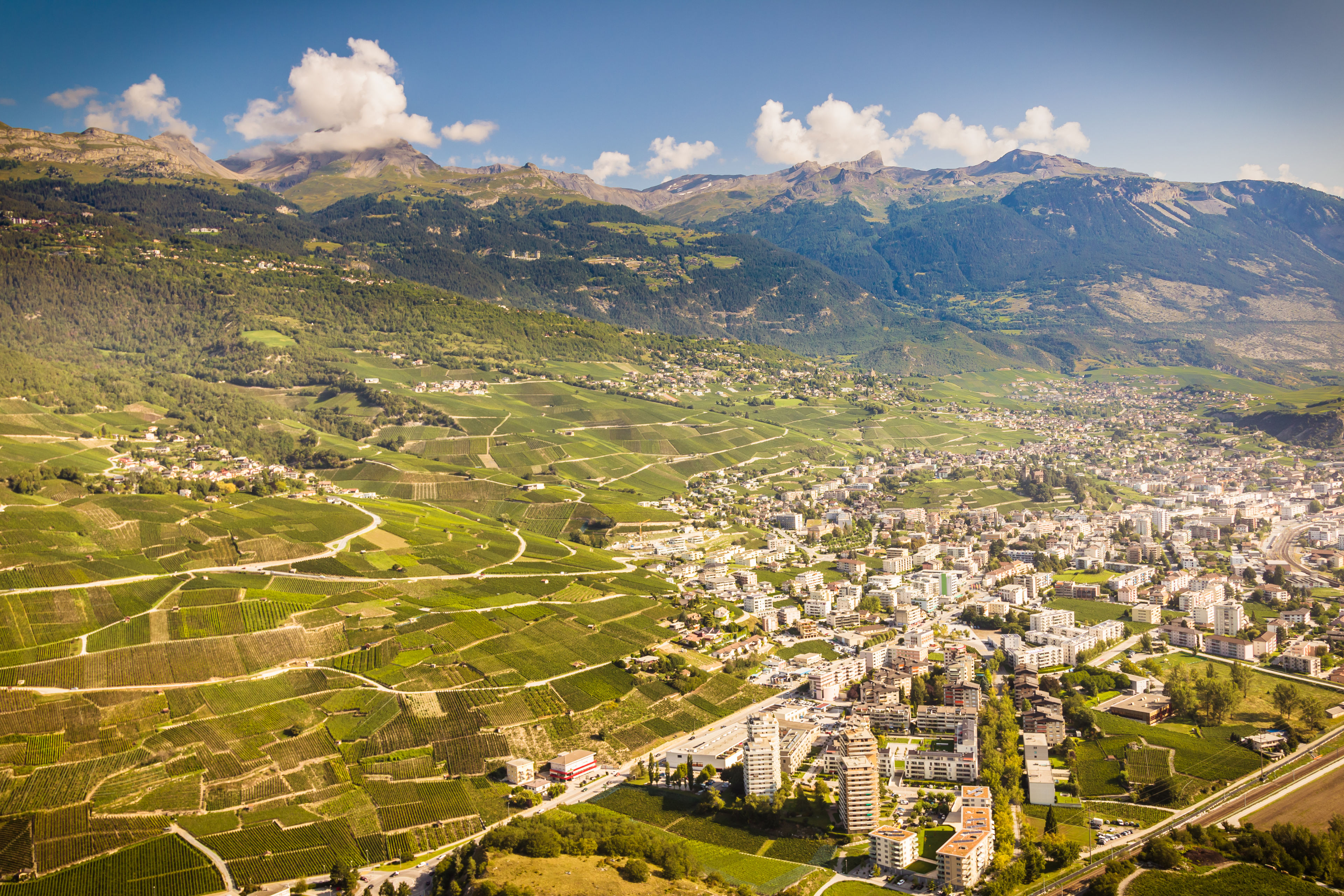 Vue du ciel de le vignoble et la ville de Sierre. Valais, Suisse.