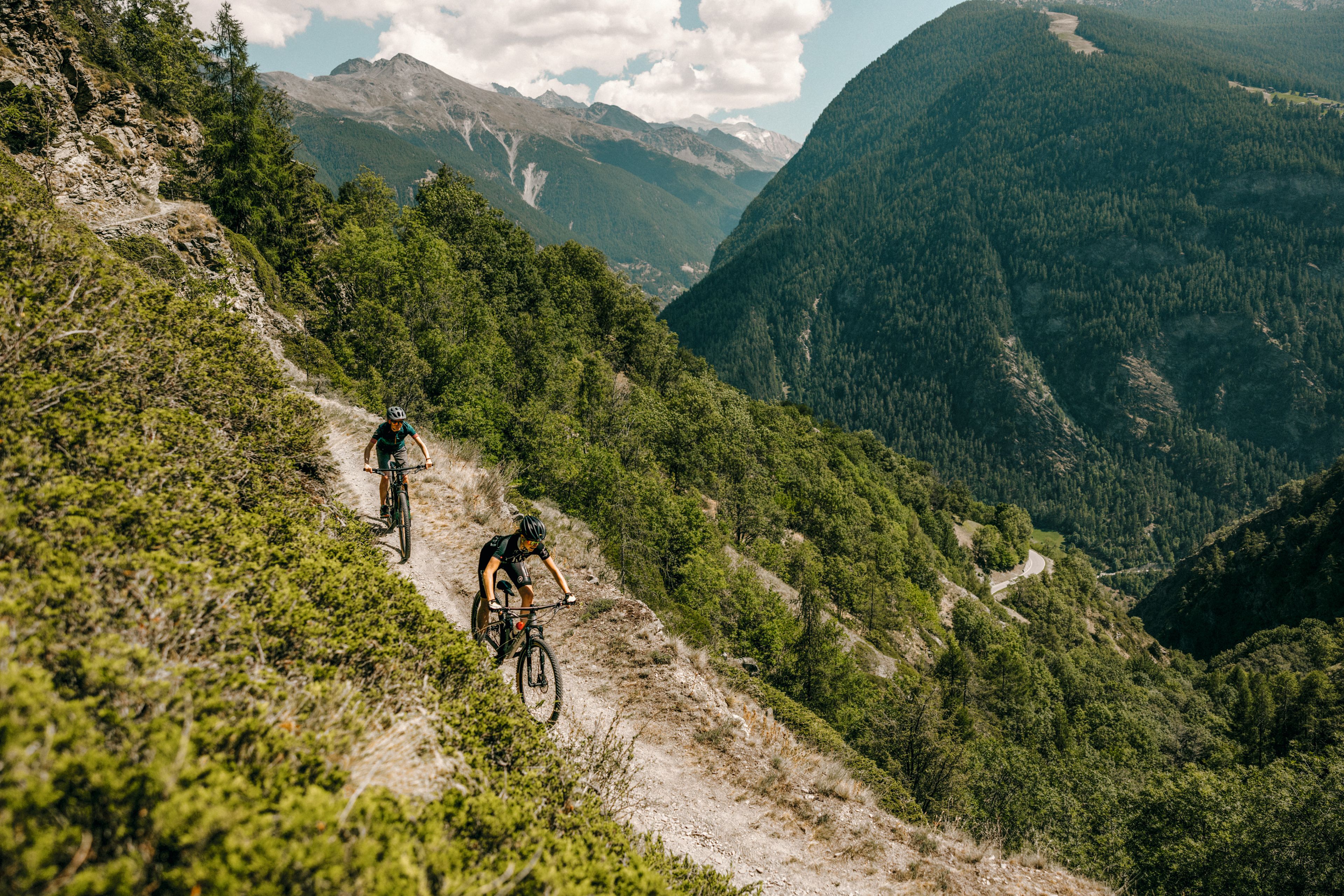 Zwei Mountainbiker in voller Anstrengung, die einen Mountainbikeweg hinunterfahren. Wallis, Schweiz.