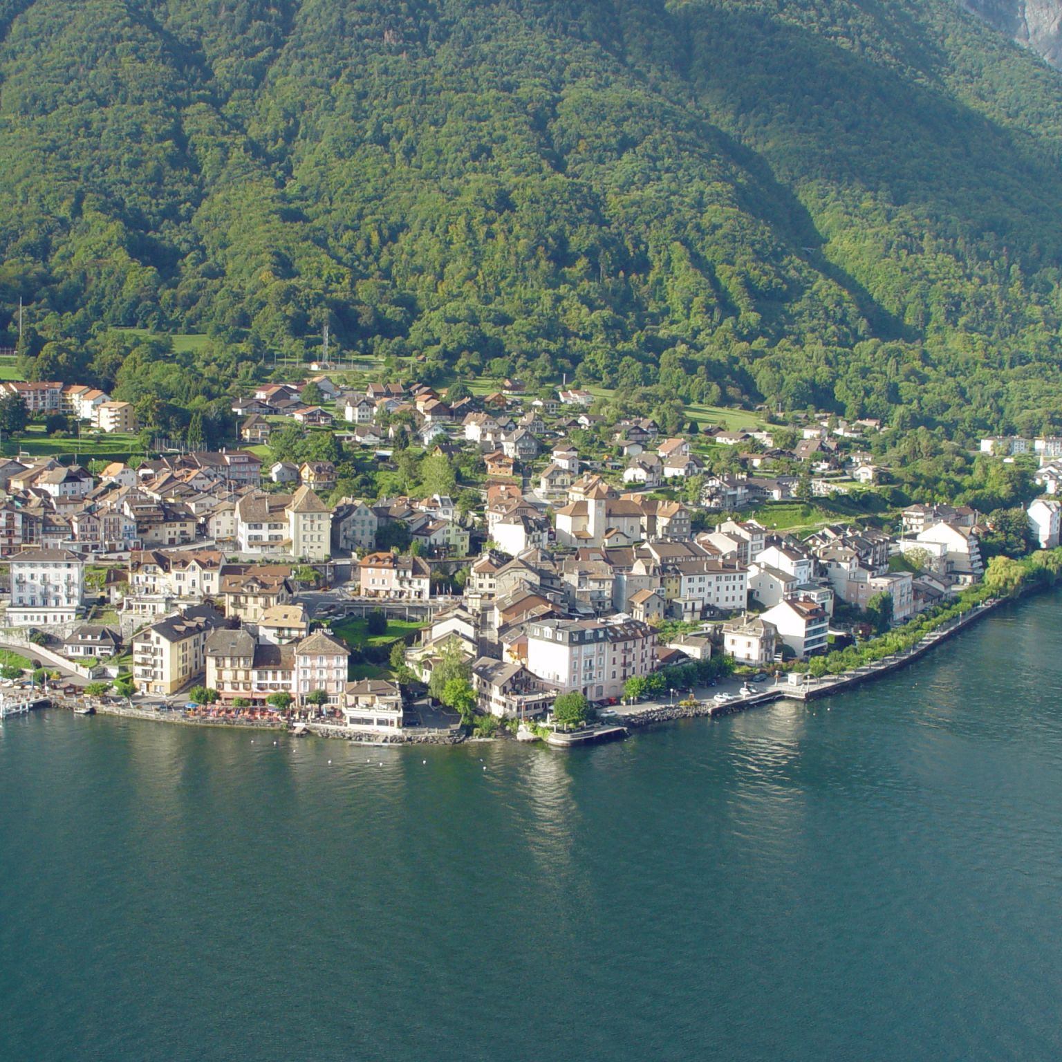 The village St-Gingolph next to the lake Geneva during summer, Valais