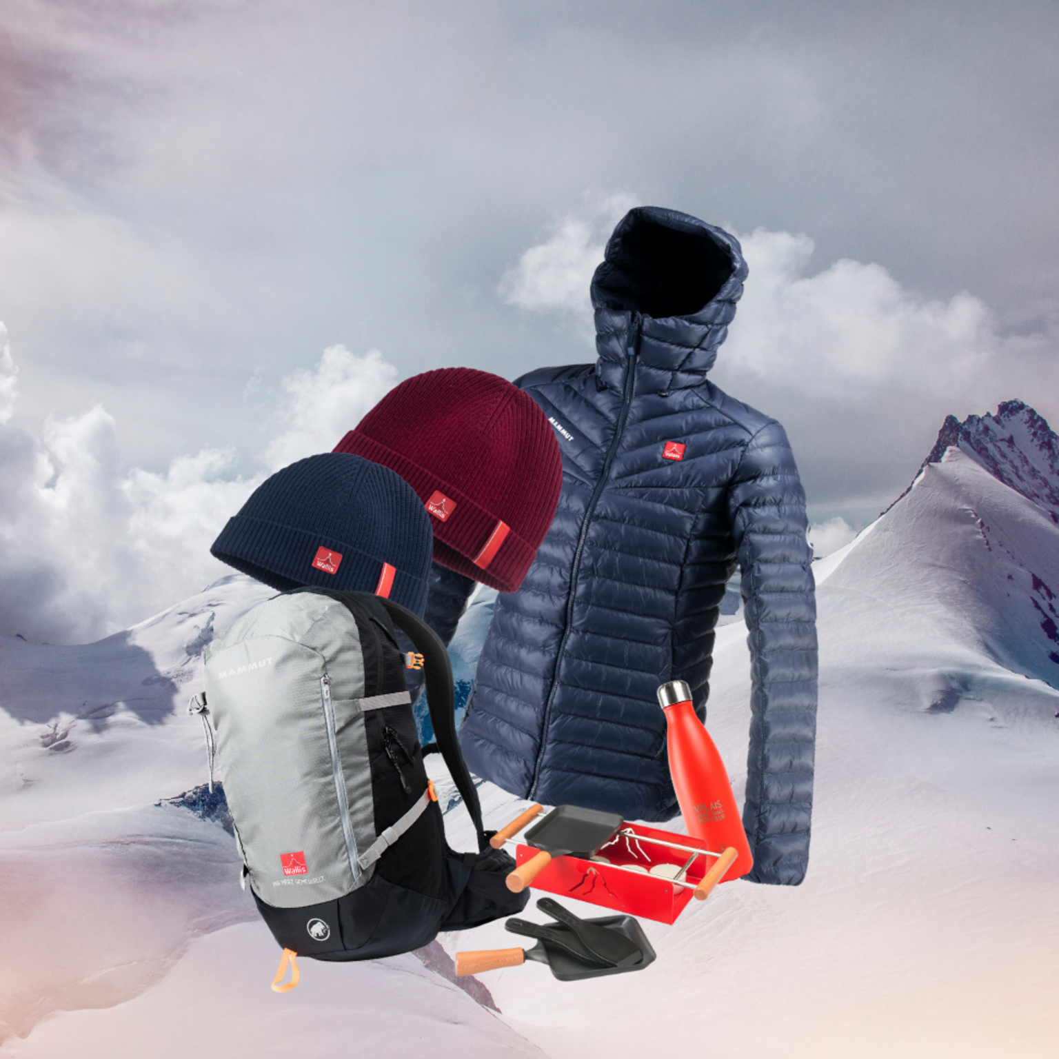 Hats, bags and down jackets in the colors of the Valais. Everything is available in the Valais Boutique. Valais, Switzerland