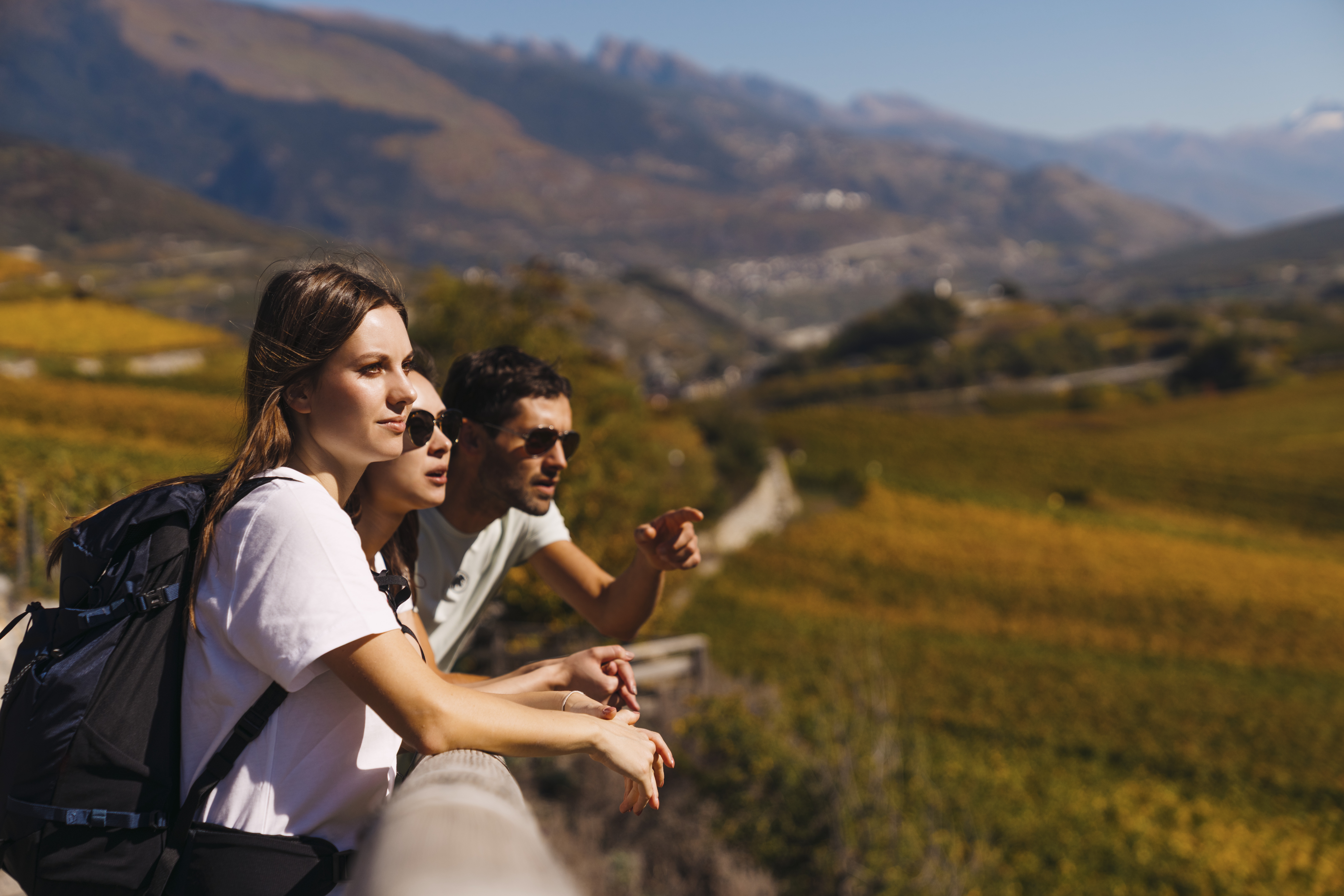 Trois randonneurs admirant les vignobles aux couleurs automnales et le paysage de montagne, Valais, Suisse