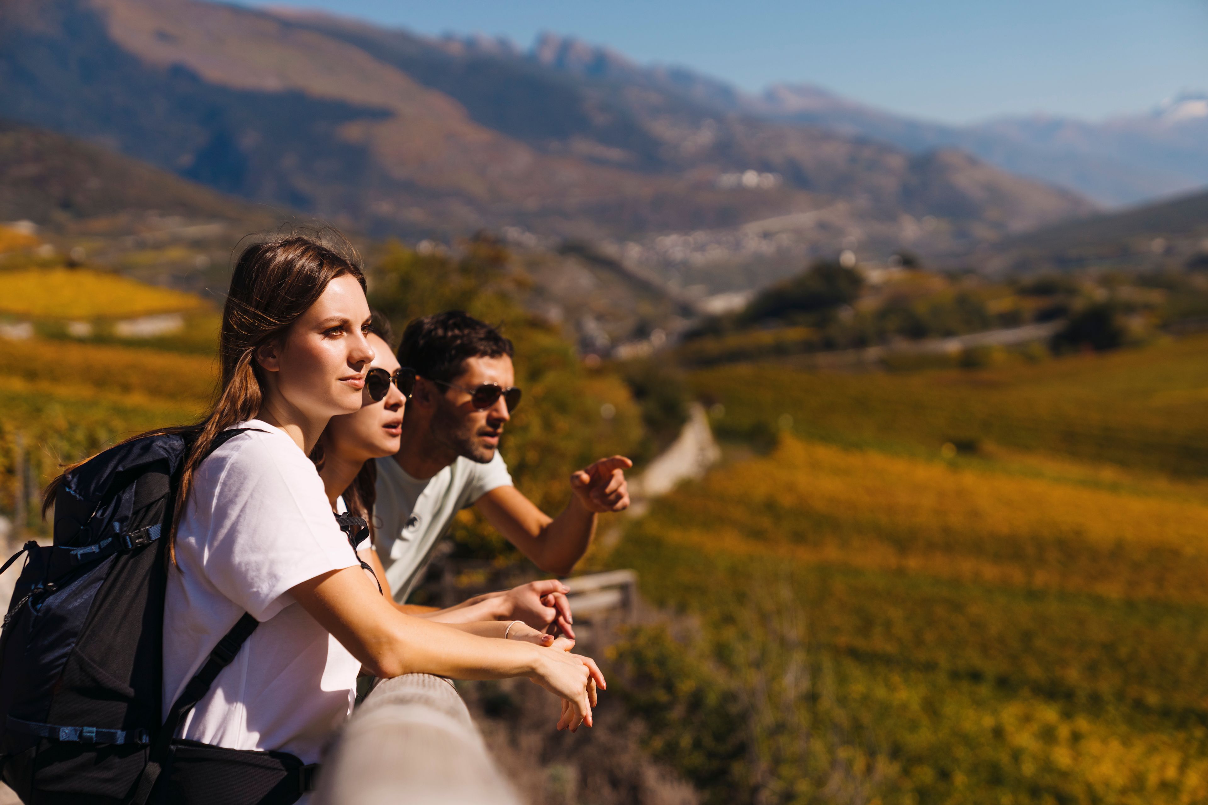 Trois randonneurs admirant les vignobles aux couleurs automnales et le paysage de montagne, Valais, Suisse