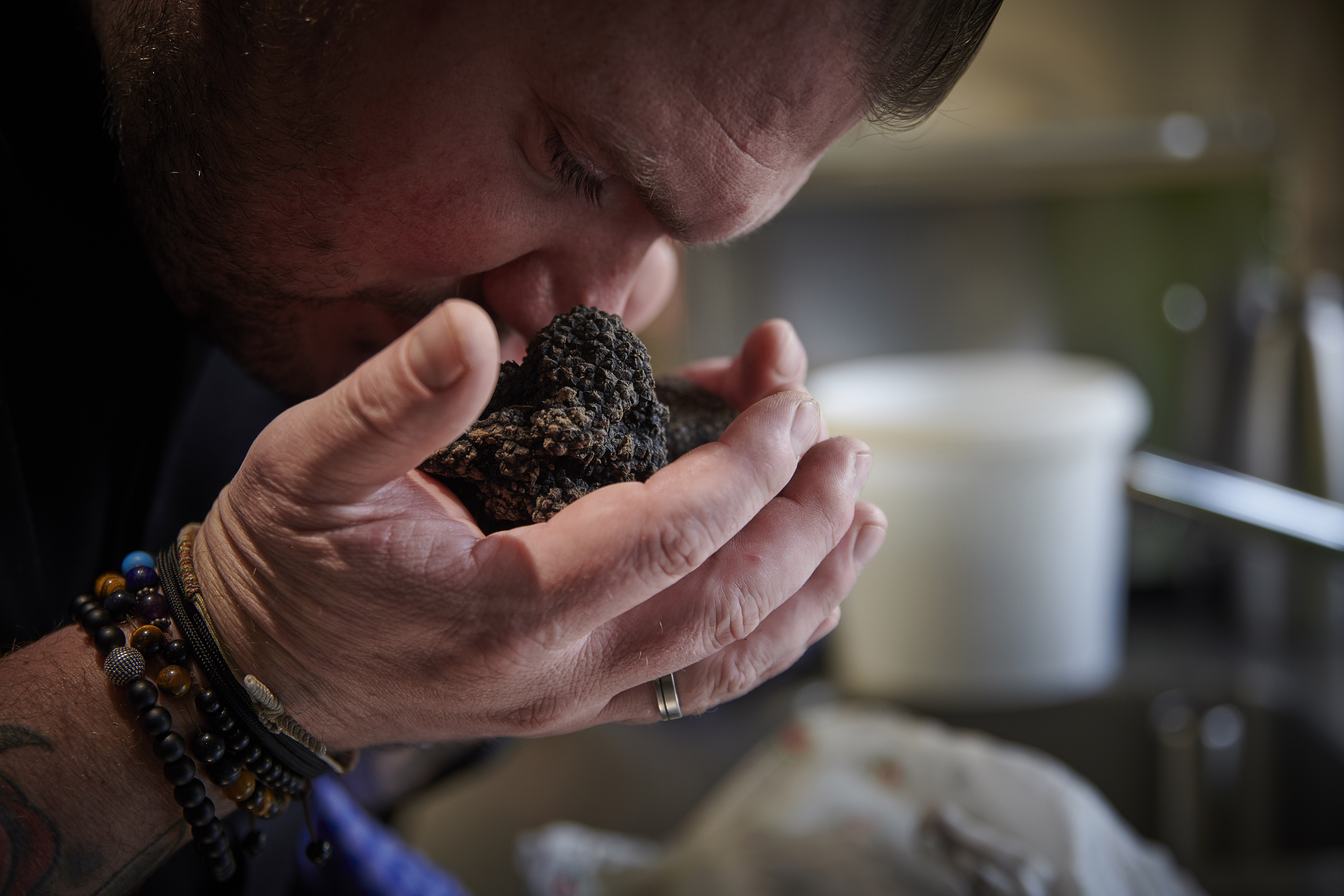 Le chef hume des truffes fraîches de la région. Valais Suisse