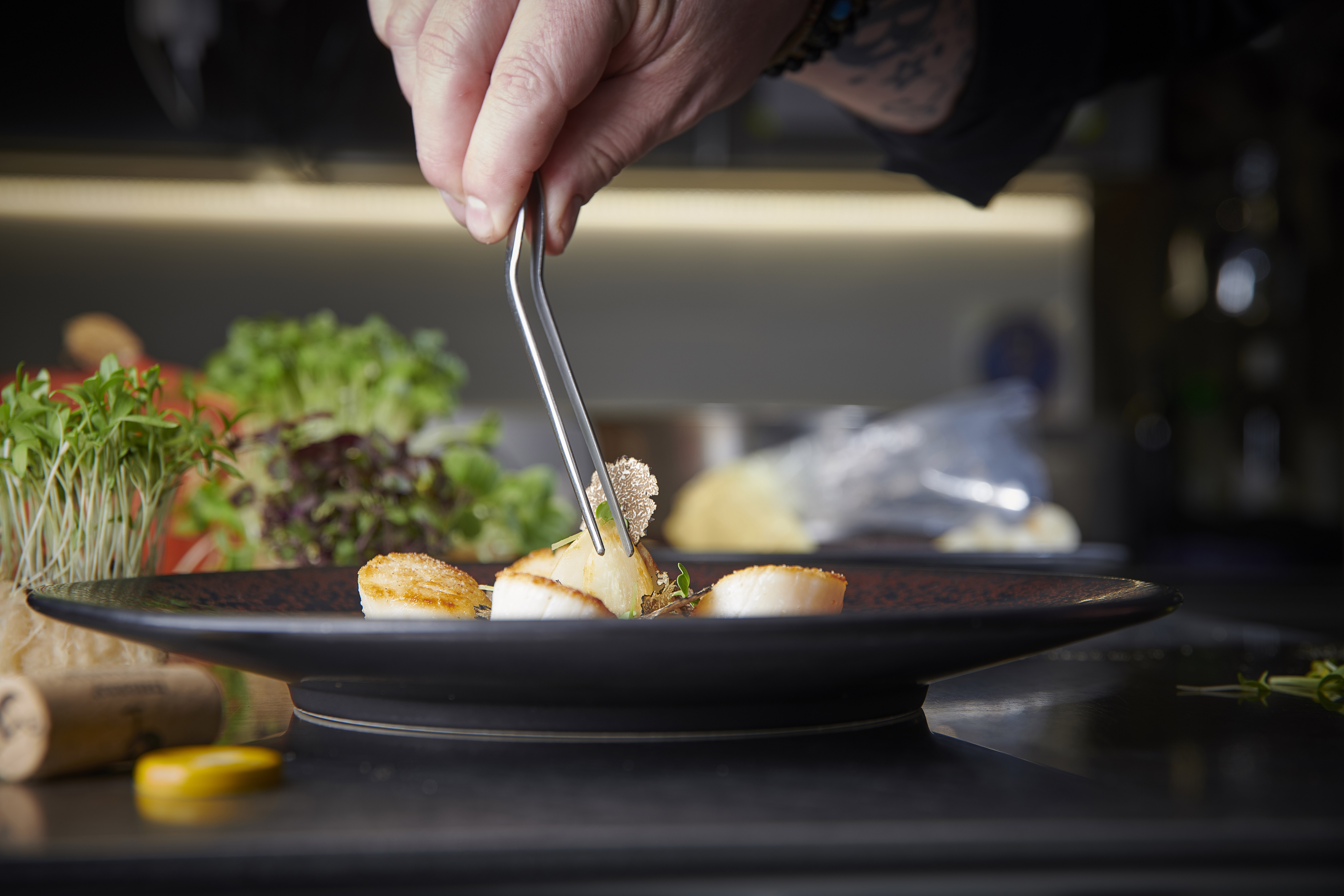 Coquilles Saint-Jacques avec salsifis et truffe du Valais. Suisse