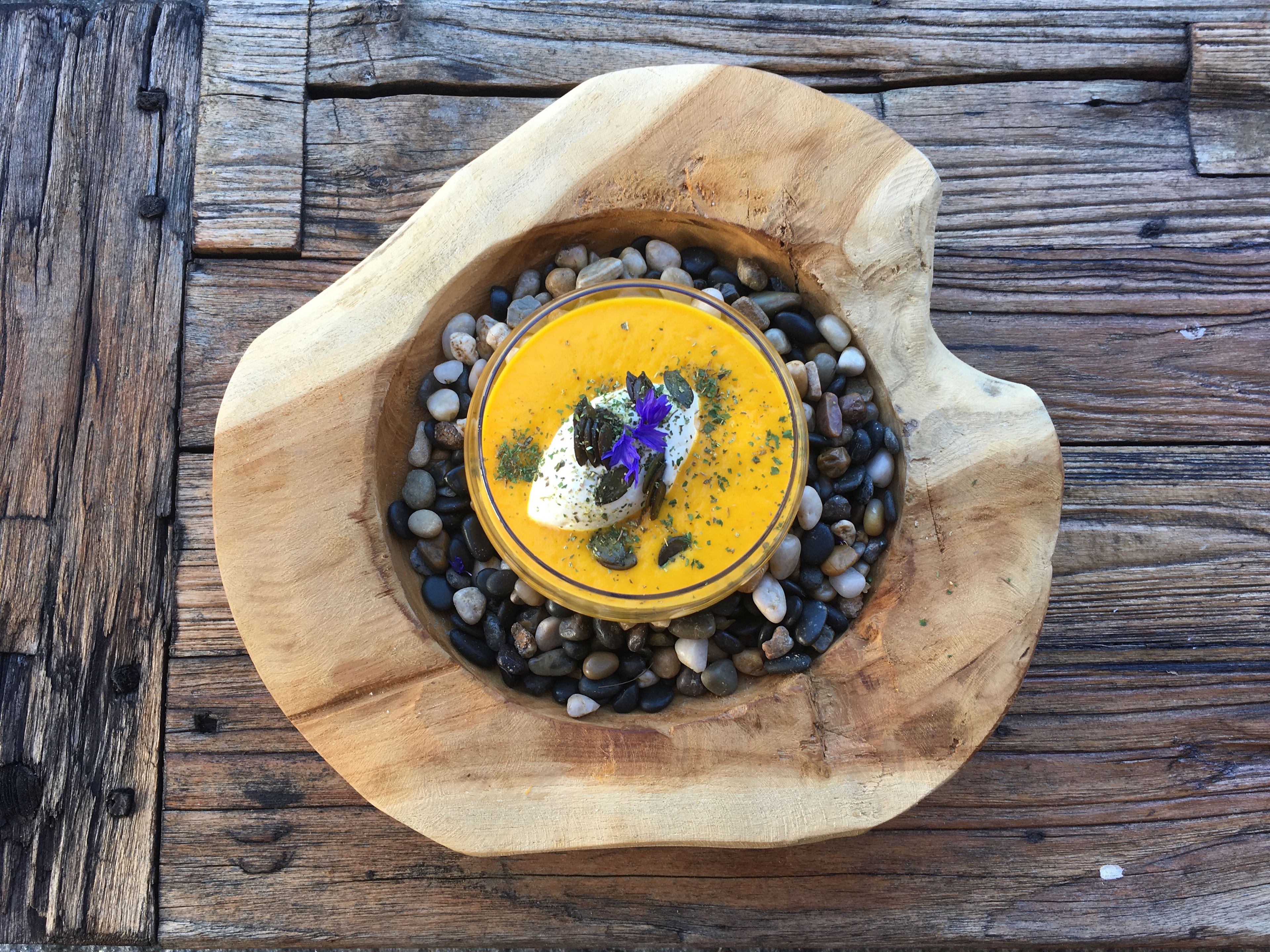 Butternut squash cappuccino with artemisia vallesiaca, Valais, Switzerland