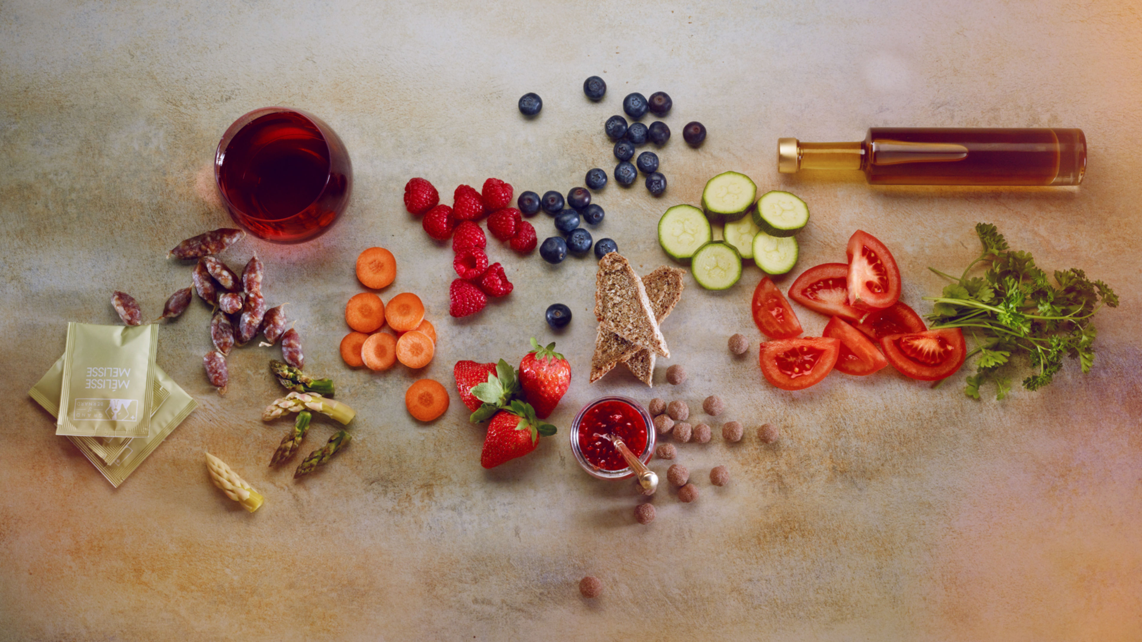 Assortment of Valais brand products, local produce, Valais fruit and vegetables, Valais, Switzerland